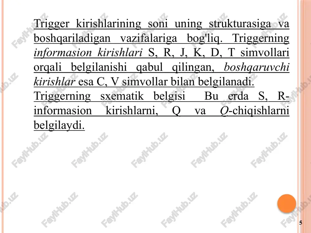 yihalashtirish va tahlil qilishda hodisalarni ro‘y berish ketma-ketligini ajratib olish muhim hisoblanadi. d-trigger. d-trigger yagona d (data) ma’lumot kirishiga ega. d-trigger uchun to‘rtta tashqi chiqish kifoya: d-ma’lumot kirishi, s-takt kirishi, ikkita q va q chiqishlar (ularning biri mavjud bo‘lmasligi ham mumkin) ( 2.3–rasm). o.n.norboyev 29 2.3-rasm. d-trigger shartli belgisi (a) va uning tuzilma sxemasi (b). o.n.norboyev 30 2.4-rasm. d-trigger haqiyqiylik va vaqt diagramasi o.n.norboyev 31 t-trigger. ikki pog‘onali triggerlar registr va hisoblagich kabi ko‘prazryadli qurilmalar ishi uchun mo‘ljallangan bo‘lib, ularda triggerli yacheykalarning ishonchli va aniq ishlashi talab etiladi. t-trigger sanoq triggeri deb ham ataladi, chunki kirishga aktiv mantiqiy signal berilganda u o‘z holatini qarama-qarshi (teskari) holatga o‘zgartiradi (2.5-rasm). is sn7474 (k155tm2ning analogi) seriyali 2.5-rasm. rs yoki d-triggerlar asosida tuzilgan t-trigger o.n.norboyev 2.6-rasm. t-trigger shartli belgisi (a) va uning ikki pog‘onali sxemasi(b). 32 33 2.7-rasm t-trigerni vaqt diagrammasi o.n.norboyev 34 jk-trigger universal trigger hisoblanadi (9.3-rasm), chunki uning asosida sodda kommutatsion o‘zgartirishlarni …