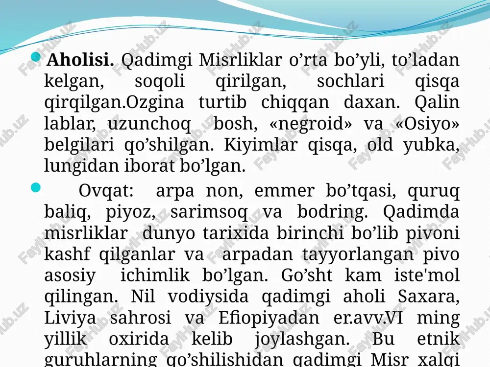 ari, bu fir’avnlarni quyosh xudosining avlodi sifatida so’zsiz podsholik taxtiga o’tirish huquqiga ega bo’lganliklarini ifodalaydi, bu afsona va shu davrga oid yozuvlarning asl nusxasi ham iv sulola davridayoq, quyosh xudosi raga e’tiqod kuchaya boshlaganini ko’rsatadi. v sulola fir’avnlari davrida ra misrning bosh davlat xudosiga aylantirilgan. memfis yaqinida v sulola firavnlari qurdirgan ibodatxona xarobalari ayniqsa, raga nisbatan e’tiqod ayniqsa kuchayganini ko’rsatadi. 5.davlat hokimiyatining tashkil topishi davlat hokimiyati. bosqinchilik siyosati quldorlar va yirik zodagonlar yanada boyishi hamda kuchayishiga olib keldi. ijtimoiy ziddiyatlar og’irlashdi. shu bilan birga idora ishlari markazlashib, nufuzli amaldorlar ko’paydi. podsho va uning hokimiyatini ilohiylashtirishga qaratilgan puxta ishlangan mafkura yordamida fir’avnlar mavqei mustaxkamlandi. davlat hokimiyati nomarx va amaldorlar orqali doim sug`orish tarmoqlarini nazorat kilib turgan. moliya-soliq mahkamasi ishi jonlangan. i sulola davridayoq. mamlakatdagi mavjud yer-suv, chorva mollari, odamlar va oltin xisobga olib turildi. shu ma’lumotlarga asoslanib soliqlar belgilangan. soliqlar soliq amaldorlari va xazinachilar boshqarmasi yordamida muntazam ravishda aholidan undirilib turilgan …