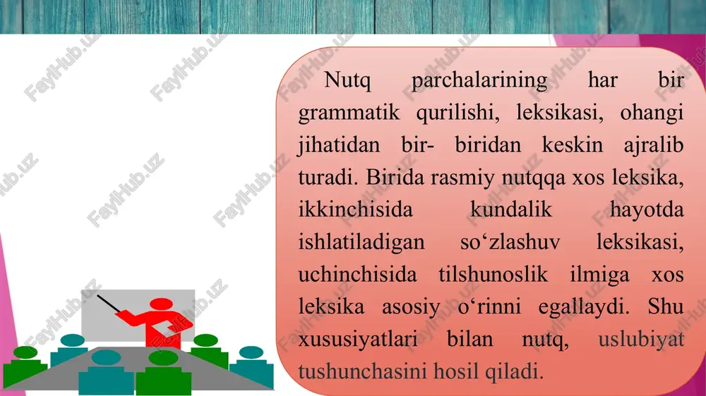 ifodalay olishimiz bilananglashiniladi. 18 mavzu yuzasidan savollar. 1. nutq va uslub tushunchasi nima? 2. nutqning qanday uslub shakllari mavjud? 3. ilmiy uslub qanday xususiyatlari bilan boshq nutq uslublardan farqlanadi? 4. badiiy uslub va so’zlashuv uslubi farqlanish jihatlari mavjud 5. nuqning ilmioy ko’rinishi qanday ko‘rinishga ega. asosiy adabiyotlar 1. n.mahmudov, a.rafiyev, i. yo‘ldoshev . nutq madaniyati va davlat tilida ish yuritish. t. cho‘lpon nomidagi nashriyot-matbaa ijodiy uyi– 2013. 2. r.rasulov, q.mo‘ydinov. nutq madaniyati va notiqlik san’ati. toshkent-2015. 3.m.aminov, a. madvaliyev, n.mahkamov, n.mahmudov, y.odilov. davlat tilida ish yuritish. t. “o‘zbekiston nashriyoti” - 2020. 4. s.jalilov. o‘qituvchi nutqi madaniyati. nukus – 2012. 5. z.m.jo‘rayev. zamonaviy davlat ish yuritish nazariyasi, amaliyoti va boshqaruvni me’yoriy hujjatlar bilan ta’minlash. t. “tafakkur-bo‘stoni” – 2011. qo‘shimcha adabiyotlar: 1. x.jalilov. notiqlik san’ati tarixi. fan. toshkent - 1990. 2.n.mahmudov, a.rafiyev, i.yo‘ldoshev. davlat tilida ish yuritish. t., cho‘lpon, 2010. 3. s.rizayev. ish qog‘ozlarining ayrim namunalari. mehnat. toshkent -1990. 4. e.begmatov. va …