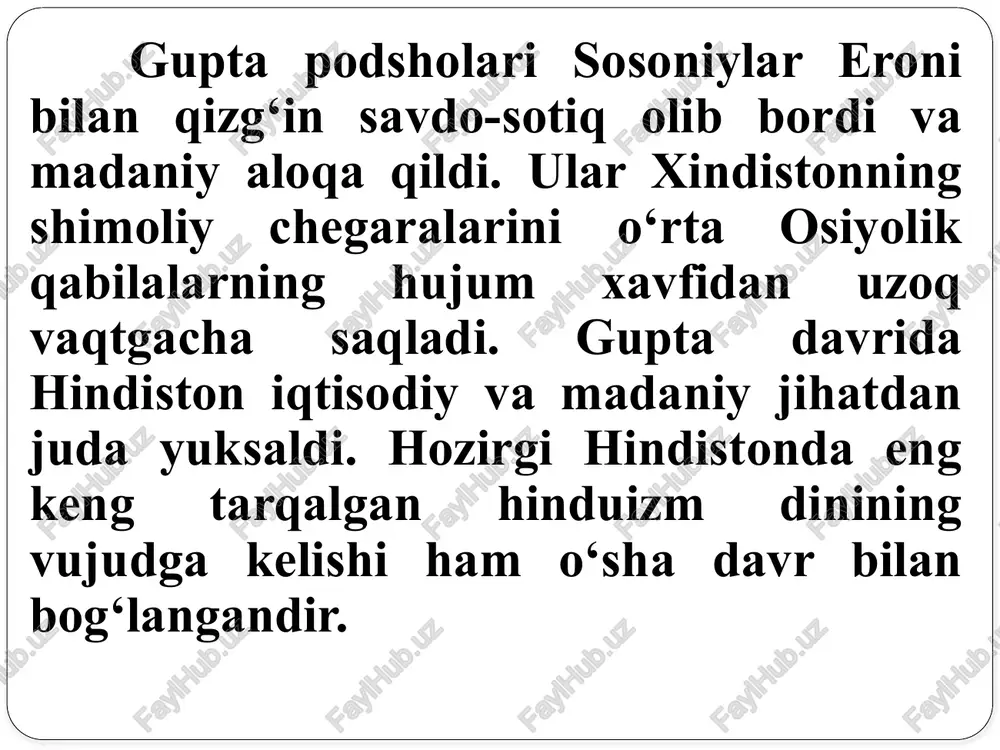 onalari o‘shanday qurilishlar jumlasidandir. hindistondagi maxarashtra shtatida tik qoyaga o‘yib ishlangan budda dini ajanta g‘or ibodatxonasi. ibodatxona 29 ta g‘orda joylashgan. chaytya, ya’ni ibodatni amalga oshirish zallari va monaxlarni yotoqxonalari ya’ni vixaralardan iborat. hindistondagi maxarashtra shtatida ellora qishlog‘ida tik qoyaga o‘yib ishlangan budda dini g‘or ibodatxonasi 34 ta g‘orda joylashgan. ibodatxonalar ichida qadimiy xind va budda afsonalaridan olib ishlangan xaykallar benixoya ko‘p bo‘lib, bularda kishilarning figuralari ifoda etilgan. bu figuralar o‘zining go‘zalligi va ulug‘vorligi bilan kishini hayratda qoldiradi. ibodatxona devorlari xilma-xil suratlar bilan bezatilgan. gupta davridagi rassomlar va ustalar metallga pardoz berishda yuksak san’at cho‘qqilarini egalladilar. bizning eramizning iv asrining oxiri va v asrning boshlarida quyma temirdan ishlangan ustun hozirga qadar dehlida saqlanib kelmoqda, u qariyb bir yarim ming yil davomida ochiqlikda jazirama quyosh na yomg‘irlar ostida qolib kelishiga qaramay, uni hatto zang ham bosgan emas. guptalar davri ta’lim markazi xarobalari. gupta davrida xind fani katta muvaffaqiyatlarga erishdi. bir qancha …