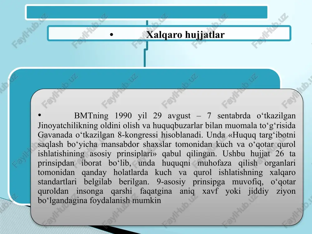 liy gvardiya harbiy xizmatchilarining (xodimlarining) hayoti va sog‘lig‘iga tahdid etib, guruh bo‘lib hujum qilganligi hollari mustasno havo harorati selsiy bo‘yicha nol darajadan past bo‘lganida suv bilan zarba beruvchi mashinalarni qo‘llash inson sog‘ligi uchun xavflidir o‘zbekiston respublikasining 2020 yil 18 noyabrda qabul qilingan “o‘zbekiston respublikasi milliy gvardiyasi to‘g‘risida”gi o‘rq-647-son qonunining 31-moddasiga ko‘ra milliy gvardiya harbiy xizmatchilari (xodimlari) quyidagi xollarda o‘qotar qurolni qo‘llash huquqiga ega: hayot yoki sog‘liq uchun xavfli bo‘lgan, zo‘rlik ishlatish bilan qilingan hujumdan fuqarolarni yoxud o‘zini himoya qilishda; garovdagilarni ozod qilishda; o‘ta og‘ir jinoyatni sodir etish chog‘ida ko‘rib qolingan va yashirinishga urinayotgan shaxsni ushlashda, agar boshqa vositalar bilan bu shaxsni ushlash imkoni bo‘lmasa; o‘qotar qurolni, o‘q-dorilarni, portlovchi moddalarni, transport vositasini, maxsus va jangovar texnikani egallab olishga bo‘lgan urinishlarga chek qo‘yishda; fuqarolarning uy-joylariga, qo‘riqlanadigan obyektlarga va shaxslarga guruh bo‘lib qilingan hujumni yoki qurolli hujumni qaytarishda”; qurolli qarshilik ko‘rsatayotgan shaxsni, shuningdek o‘zidagi qurolni, o‘q-dorilarni, portlovchi moddalarni, portlatish qurilmalarini, zaharli yoki radioaktiv …