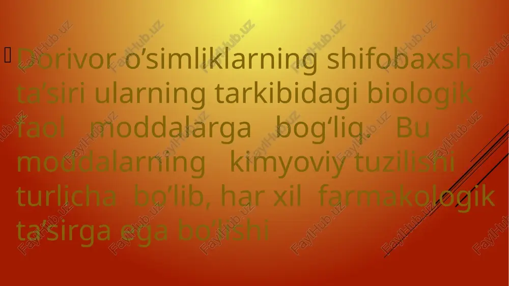 fedrin va otropin saqlovchi «efatin» aerozol preparatini keltirish mumkin. ushbu preparat bronxial astma xurujini bartaraf etish uchun nafas yo‘liga yuboriladi parenteral yo’lga dori vositalarini sirtga qo’llash kiradi/ umuman olganda sirtki qo'llash asosan dermatoldogiya amaliyotida qo’llanib, ko‘proq antiseptik ta’sirli dori vositalari, shu jumladan, fitopreparatlar ham keng ishlatiladi. dermatologiyada asosan yalliglanishga qarshi, antiseptik ta’sirli. qichinishni kamaytiradigan o‘simliklardan (o’rmalovchi bug‘doyiq, uch rangli gunafsha, qorabosh, igir, bo‘tako‘z) tayyorlangan yig‘malar qo‘llaniladi dori vositalarini sirtga qo’llashda asosan ularni mahalliy ta’siridan foydalaniladi (mikroblarga va parazitlarga qarshi, yara bitishi, regeniratsiyani tezlashtiruvchi va boshqa ta'sirlar). bularga misol tariqasida dorivor o‘simliklar vanna shaklida ham ishlatiladi (xvoykali vanna va b.). dori vositalarining ta’sir turlari umuman olganda dori preparatlari ta’sirining ikki turi ma'lum: mahalliy (prerezorbtiv) va umumiy (rezorbtiv) ta’sir. mahalliy ta’sir dorining qonga so’rilmasdan oldingi ta’siri bo'lib, uni sirtga qo’llashda ko’proq namoyon bo'ladi. bu borada antiseptik ta'sirli dori preparatlari shu jumladan. fitopreparatlar quruq, suyuq. surtma, gel, krem shaklida chayish, yuvish, surtish, vanna …
