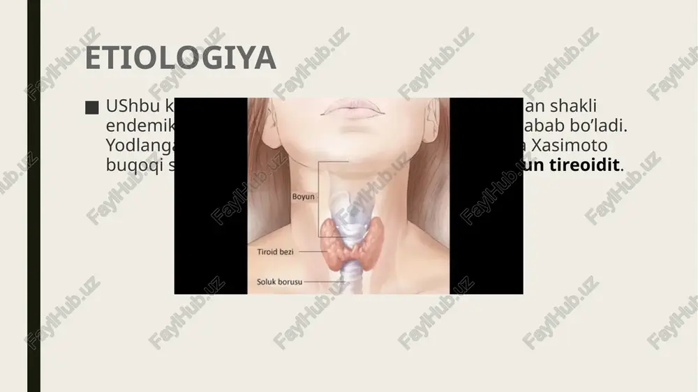 ishidan boshlab ikki-uch oy ichida qayta topshirish tavsiya etiladi); elektrokardiogramma (ekg); pay reflekslarni vaqtga sinab ko’rish; tiroid bezi ut tekshiruvi. buqoq kasalligini davolash usullari buqoqni davolashning asosiy usuli gormonlarni o’rnini bosish hisoblanadi. buning uchun tirozinning turli xil faol unumlari ishlatiladi. bunday preparatlar endokrin bezi tomonidan ishlab chiqariladigan gormonlarning fiziologik parametrlari bilan tenglashadi. nafaqat preparatning kerakli miqdorini, balki salbiy natijalarga olib kelmaydiganini ham tanlash juda muhimdir. davolash, dori moddalarini muntazam iste’mol qilish ko’pincha hayotning oxirigacha davom etadi. gormonlar nisbatini nazorat qilishni unutmaslik tavsiya etiladi. endokrin bez gipofunktsiyasining yanada og’ir shaklida kishi komatoz holatiga tushishi mumkin. giperfunktsiyasi esa, toksik kriz natijasida halokatli oqibatlarga (o’lim) olib kelishi mumkin. shu nuqtai nazardan, qat’iy parhezga rioya qilish va organizmda yodning zarur nisbatini saqlash lozim. shu bilan birga, doimiy ravishda mutaxassis ko’rigidan o’tib turish va tanadagi yod miqdori uchun tahlillarni topshirish kerak. chunki yodning yetishmasligi ham, ortiqchaligi ham kasallikka sabab bo’lishi mumkinligi bir necha bor ta’kidlanib …