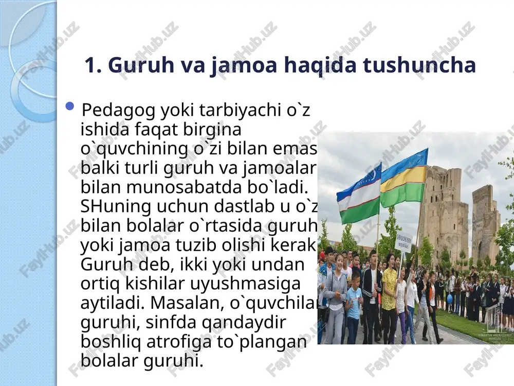 o`zaro munosabatlaridan iborat bo`lgan emotsional - intellektual holatni tushunamiz. bu o`rindagi asosiy omil a`zolarning o`zaro munosabatlaridir. ma`lumki, o`zaro munosabatlar ish yuzasidan, faoliyat maqsadlari va mazmuni bilan hamda bevosita bir - birlarini yoktirish – yoqtirmaslikka asoslangan insoniy emotsional hissiyotlar ko`rinishida bo`lishi mumkin. 6. liderlik lider – bu shunday shaxski, guruhning qolgan barcha a`zolari uchun o`zlarining manfaatlariga daxldor bo`lgan hamda butun guruh faoliyatining xarakterini belgilab beradigan eng masuliyatli yechimlarini qabul qiluvchilar. lider rasman guruhning rahbari bo`lishi ham bo`lmasligi ham mumkin. liderlar faoliyati xarakteriga ko`ra unversal va situativ( vaziyatga bog`liq) bo`lishi mumkin. image2.jpeg image3.png image4.jpeg image5.jpeg image6.jpeg image7.jpeg image8.jpeg image9.jpeg image10.jpeg image11.jpeg image12.jpeg image13.jpeg image14.jpeg image15.jpeg image16.jpeg image17.jpeg /docprops/thumbnail.jpeg