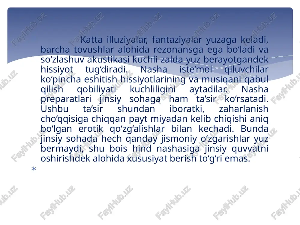 ol qilishlar salbiy reaksiya keltirib chiqaradi: ko‘ngil ayniydi, taxirlik seziladi, so‘lak ajralishi ko‘payadi, bosh aylanadi. mana shu bosqichda preparatni iste’mol qilishni boshlovchilar saralanadi. biroq tajribali o‘rtoqlari ta’sirida ba’zi shaxslar ushbu holatni yengadilar va chekishda davom etaveradilar. tez orada bu noxush hislar o‘tib ketadi. puzaev m.h., mavzyanov i.p., mupmypcynov o.p. bipihchi ti66iy ëpdam acoclapi: dapclik. – t., 2002. rizayev m.n., mavlyanov i.r., mirtursunov o.r. birinchi tibbiy yordam: darslik. – t., 2006. hypumdunov e. odam fiziologiyaci: dapclik. – t., 2005. puzaev m.h., mupmypcynov o.p., hypazuev d.a. cyd pcixiatpiyaci: yԕyb ԕyllahma (cxemalap). – t., 2002. xydaŭbepsenov a.c., mupmypcynov o.p., bomaev d.i. cyd pcixia- tpiyaci: yԕyb-ycly6iy matepiallap. – t., 2004. xyjaeva i.i. pcixiatpiya. – t., 1995. puzaev m. h., xydaŭbepsanov a. c., bomaev d. i. cyd pcixiatpiyaci atamalapihihg ԕicԕacha izoԟli lyfati. – t., 2002. puzaev m. h., mavzyanov i. p., xydaŭbepsanov a. c., bomaev d. i. tolkobiy clobap tepmihologiy po cyde6hoy pcixiatpii. – t., …