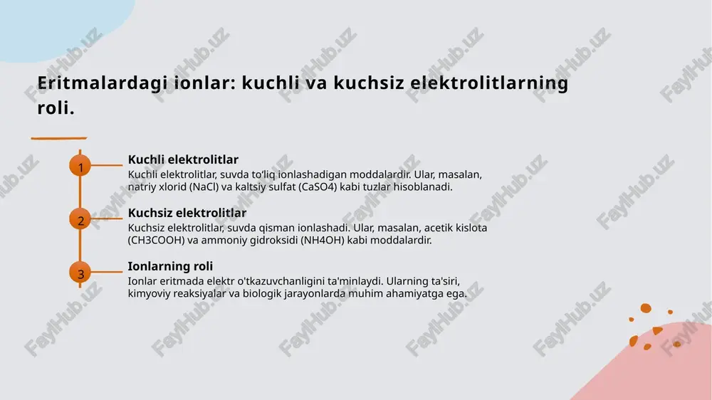 i o'zgaradi, bu kimyoviy reaktsiyalarni ta'sir qiladi. 02 ph va reaksiya tezligi ph darajasi ko'plab kimyoviy reaktsiyalar tezligini belgilaydi. ba'zi reaksiya mexanizmlari ph ga bog'liq bo'lib, bu ulardagi katalizni tezlashtiradi yoki sekinlashtiradi. 03 biologik jarayonlardagi ta'sir biologik tizimlarda ph darajasi muhim ahamiyatga ega. masalan, fermentlar faoliyati ph ga bog'liq bo'lib, ularning optimal ishlashi uchun ma'lum darajada bo'lishi kerak. eritma muhitidagi ph: biologik va kimyoviy ahamiyati. 01 ph va biologiya ph darajasi organizmning biologik jarayonlarida muhim rol o'ynaydi, masalan, fermentlar faoliyatini va metabolizmni tartibga soladi. 02 ph va kimyo kimyoviy reaksiyalar ph ga bog'liqdir; o'zgarishlar reaktantlar va mahsulotlar konsentratsiyasini ta'sir qiladi, bu esa natijalarni o'zgartirishi mumkin. 03 biologik muvozanat odam organizmida ph muvozanati saqlanmasa, sog'liq muammolari paydo bo'lishi mumkin, masalan, kislotali yoki alkali muhitning noto'g'ri o'zgarishi. 04 ph va ekologiya ekologik tizimlarda ph darajasi suv va tuproq sifatini belgilaydi, bu esa o'simliklar va hayvonlar hayotida muhim ahamiyatga ega. xulosa 1 kimyoviy …