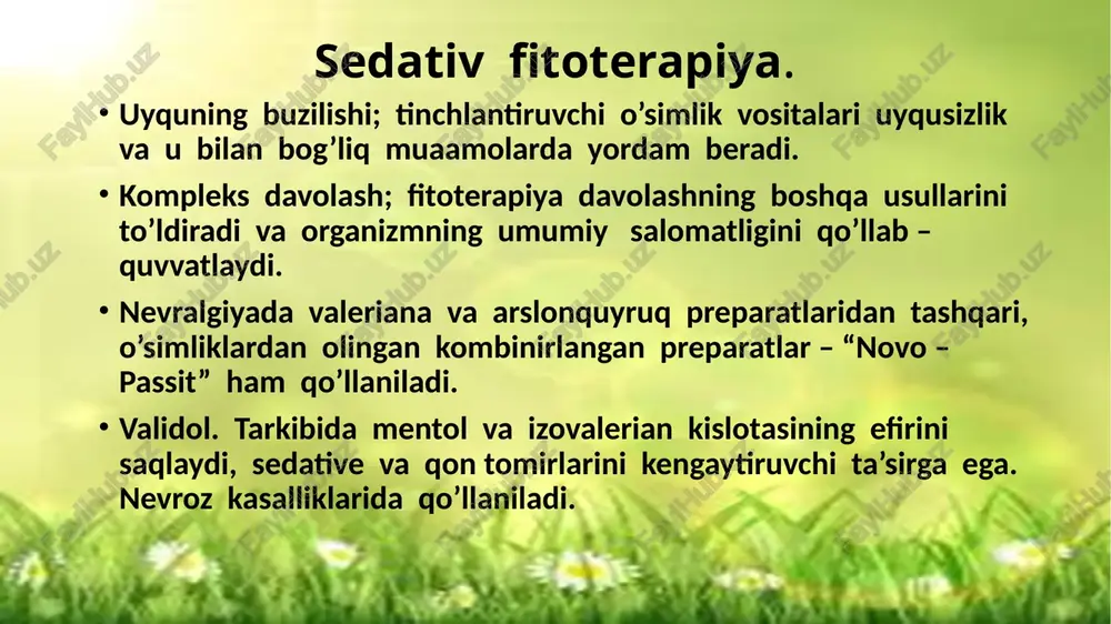 sida teridagi qon tomirlarining reflector tarzda kengayishi sodir bo’ladi. yuzaga kelgan faol giperemiya infil’tratlarning so’rilib ketishiga sabab bo’ladi, va buning natijasida surunkali yallig’lanish havfi bartaraf bo’ladi. bunday vositalarga qatron (smola) , oltingugurt va ixtiollarni kiritish mumkin. muskul va bo’g’inlar og’rig’ida qo’llaniluvchi kamfora preparatlari, skipidar surtmasi, qalampirdan olinadigan preparatlar (persoviy plastir, kapsitrin, nikofleks surtmasi, kapsin linimentlari); ilon va asalari zahridan olingan preparatlar ham qitiqlovchi vositalar hisoblanadi. qitiqlovchi vositalar i. tarkibida efir moyi saqlagan o’simliklardan olinadigan qitiqlovchi vositalar; menovazin validol pektusin nikofleks ii. hayvonlardan olinadigan qitiqlovchi vositalar; apizartron viprosal e’tiboringiz uchun raxmat image1.png image2.png image3.png image4.png image5.png image6.png image7.png image8.png image9.png image10.png image11.png image12.png image13.png image14.png image15.png image16.png image17.png image18.png image19.png image20.png image21.png image22.png image23.png image24.png image25.png image26.png image27.png image28.png image29.png image30.png image31.png image32.png image33.png image34.png image35.png image36.png image37.png image38.png image39.png /docprops/thumbnail.jpeg