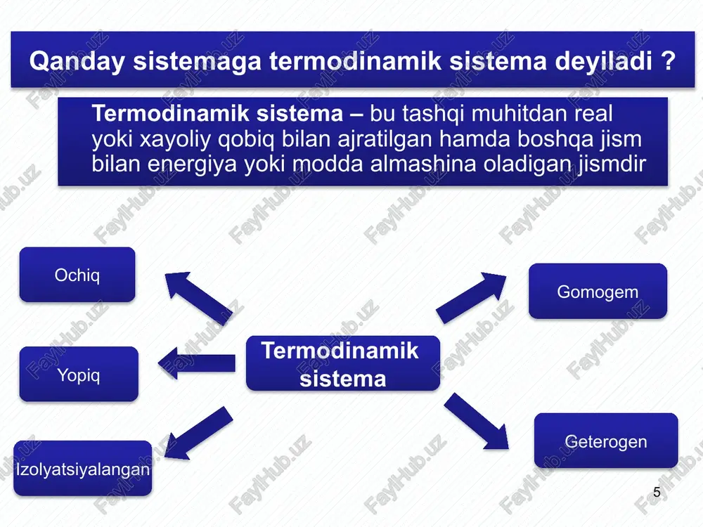 aydon hajm , v 30 ideal gazning izotermik kengayishdan bajargan ishi t=const 31 turli jarayonlarda ideal gazning kengayishi izotermik jarayonda: ideal gazning izotermik ken-gayishdan bajargan ishi izoterma osti maydoniga teng: p=nrt/v. izobarik jarayonda: gazning kengayishdan bajargan ishi maydonga teng bosim maydon hajm, v 32 entalpiya: asosiy tushuncha δq = du + pdv δq = d(u + pv) bosim o’zgarmas bo’lgandagi ajraladigan issiqlik entalpiya o’zgarishiga teng, h. entalpiya – sistemaning termodi- namik xossasi h = u + pv u, p va v lar holat funktsiyalari bo’lganligi uchun entalpiya ham holat funktsiyasidir. h = qp (p= cons. bo’lganda) ish issiqlik issiqlik 33 ideal gaz entalpiyasi pv = δnrt h = u + pv = u + δnrt δn – reaktsiyada gaz molekulalari molining o’zgarishi. 2h2(g) + o2(g) = 2h2o(s) δn = -3 mol δh – δu = δnrt = -38.31298 = -7.5 kj. 34 issiqlik sig’imi agar temperatura ko’tarilsa ichki energiya oshadi …