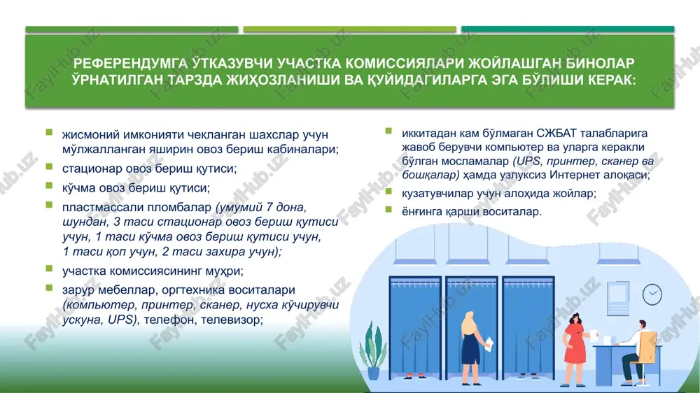 ifatida belgilashi shart. 15 ovoz beruvchi fuqaro to'ldirilgan byulletenni yopiq konvertga soladi va elimlab yopadi. byulleten maxsus jihozlangan yashirin ovoz berish kabinasida yoki xonasida ovoz beruvchi fuqaro tomonidan mustaqil qaror qabul qilishi orqali to'ldiriladi. ovoz beruvchi fuqarolar tomonidan byulletenni to'g'ri to'ldirish tartibi byulletenda aks ettiriladi. konvert referendum kuni ovoz berish jarayoni yakunlanguniga qadar uchastka komissiyasining seyfida saqlanadi uchastka komissiyasining a'zosi ovoz beruvchi fuqaro hozirligida konvertning yopiqligini tekshiradi va konvertning elimlangan joyiga uchastka komissiyasining ikki nafar a'zosining imzolari qo'yilib, ular komissiyaning muhri bilan tasdiqlanadi. uchastka komissiyasi a'zosi muddatidan oldin ovoz bergan fuqaroni sjbatdagi ovoz beruvchi fuqarolar ro'yxatida muddatidan oldin ovoz bergan fuqaro sifatida belgilashni amalga oshirib keladi. muddatidan oldin ovoz bergan fuqarolar hisobini yuritish, umumlashtirish va taqdim etish ovoz beruvchi fuqarolarning ro'yxatlariga o'zgartishlar kiritish referendumga 5 kun qolganida to'xtatiladi. uchastka komissiyasi kotibi referendumga 3 kun qolganida o'z hududidagi ovoz beruvchi fuqarolarning oxirgi ro'yxatlarini sjbatdan yuklab oladi, chop etadi va uchastka komissiyasi …