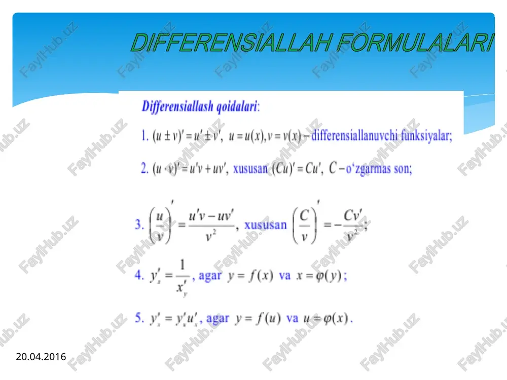 day burchak tashkil qiladi? 6. logarifmik funksiya grafigi abssissalar o‘qi bilan qanday burchak tashkil qiladi? 7. (sinx)’=cosx formulani keltirib chiqarganda cosx funksiyaning uzluksizligidan qaerda foydalanildi? 8. (tgx)’=1/cos2x formula x ning qanday qiymatlarida o‘rinli? 9. daraja-ko‘rsatkichli funksiyaning hosilasini topish qoidasini ayting. mavzu yuzasidan savollar. 1. hosilaga ega bo‘lmagan funksiyalar yig‘indisining hosilasi mavjud bo‘lishi mumkinmi, misollar keltiring. 2. hosilaga ega bo‘lmagan va hosilaga ega bo‘lgan funksiyalar yig‘indisining hosilasi mavjud bo‘lishi mumkinmi, javobingizni asoslang. 3. hosilaga ega bo‘lmagan funksiyalar ko‘paytmasining hosilasi mavjud bo‘lishi mumkinmi, misollar keltiring. 1. 2. 3. 1. t.azlarov, x.mansurov, “matematik analiz”, i-tom, t. “o'qituvchi”, 1994 y, 278-280 b, 283-285 b. 2. a.g'.xikmatov, t.t.turdiev. “matematik analiz”, t. “o'qituvchi”, 1990 y, 186-187 b, 189-192 b. 3. n.a.frolov, “kurs matematicheskogo analiza”, i-tom, prosveshenie 1964 g, 286-289 st., 299-303 st. foydalanilgan adabiyotlar e’tiboringiz uchun raxmat ! image2.png image3.png image4.png image5.png image6.png image7.png image8.png image9.png image10.png image11.jpeg image12.png image13.png image14.png image15.png image16.png image17.png image26.png image18.png …