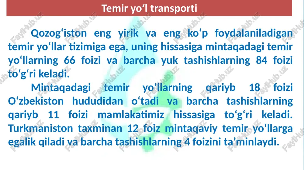 tashilgan. 1924-yilda kema va qayiqlar qatnaydigan suv yo ‘ llarining umumiy uzun¬ligi 887 kmedi. 1980-yilda suvyo‘llarining umumiy uzunligi 2800 km ga yetdi. amudaryoda panj bandargohidan mo‘ynoqqa qadar paroxodlar qatnovi amalga oshirildi. daryo suvining kamayishi va orol dengizining qurib borishi natijasida suv yo‘llari keskin qisqardi. 20 mamlakat daryo flotida 150 ga yaqin teploxod, shuningdek, barjalar, yordamchi kemalar va boshqa texnika vositalari bor. suv yo‘llarining umumiy uzunligi 1000 km ga yaqin. yuklar asosan termiz-hayraton, sharlovuq-to‘rtko‘l, xo‘jayli-to‘rtko‘l, xo‘jayli-beruniy, qoratov-taxiatosh yo‘nalishlarida tashiladi. yiliga daryo flotida 140 ming tonnaga yaqin yuk tashilmoqda. kelajakda 0‘zbekiston ham jahon okeanida o‘zining flotiga ega bo‘ladi. hozircha chetga chiqarilayotgan va chetdan keltirilayotgan yuklaming muayyan qisminikira haqi fraxt evaziga boshqa davlatlarning kemalari tashib bermoqda. avtomobil transporti 21 avtomobil yo‘llari uzunligi hozir 24,5 mln. km ni tashkil qiladi. uning 1/4 qismidan ko‘prog‘i aqsh, yana shuncha yo‘l hindiston, yaponiya, xitoy va rossiya hissasiga to‘g‘ri keladi. jahonda 600 mln. dan ziyod turli avtomobillar bo'lib, …