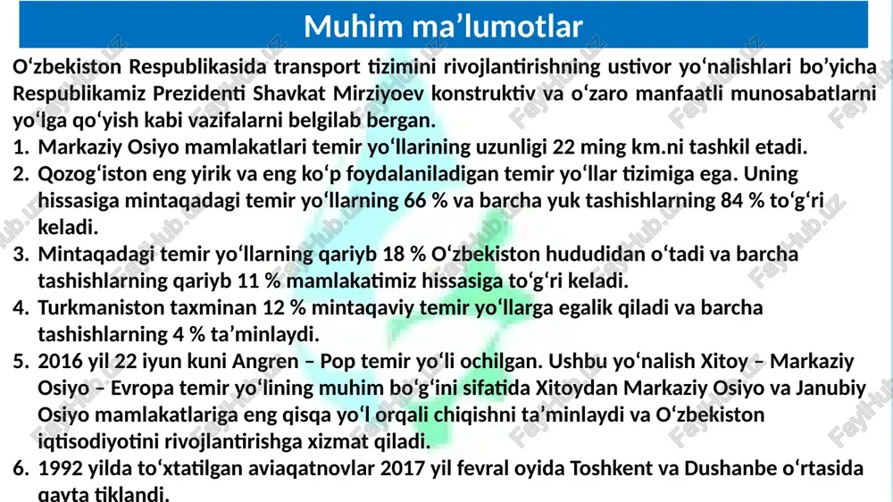 chun muhim energetik ko‘rsatkich- bu? a. burovchi moment b. tortish kuchi s. ilmoqdagi quvvat d. dvignatel quvvati adabiyotlar: igamberdiyev a.k. qishloq va suv xo’jaligida transport. toshkent, tiqxmmi, 2020.-283 b. (o’quv qo’llanma) igamberdiyev a.k. mashina traktor agregatlaridan foydalanish va texnik servis. toshkent, 2021. 495 b (darslik). m.s.xodosh gruzovie avtomobilnie perevozki. moskva. transport, 1980. (uchebnik). igamberdiev asqar kimsanovich e'tiboringiz uchun rahmat!  + 998 71 237 05 86  asqar1959@mail.ru a asqar59 +99894 641 24 98 muhandislik tizimlarni boshqarish kafedrasi professori, t.f.d. 21 image1.emf image2.png image3.png image4.png image5.png image6.png image7.emf image8.png image9.png image10.png image11.png image12.png image13.png image14.png image15.png image16.png image17.jpeg image18.png image19.png image22.png image20.png image21.jpeg /docprops/thumbnail.jpeg
