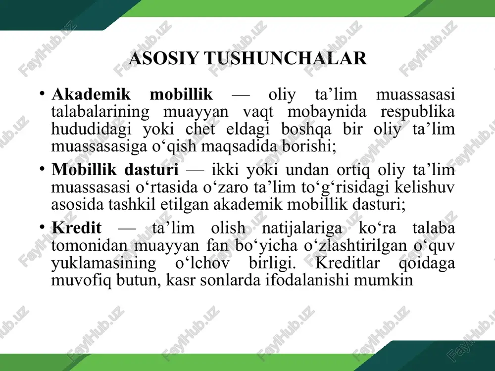 linganidan so‘ng 4 yilgacha deb belgilanadi. bu borada qo`qon davlat pedagogika institutida gpa ko`rsatkichi 2,5 qilib belgilangan. fanlar bo‘yicha qayta ta’lim olish uchun to‘lov qiymati 45.fanlar bo‘yicha qayta ta’lim olish uchun to‘lov qiymati oliy ta’lim muassasasi tomonidan butun o‘quv yilining kontrakt summasidan kelib chiqqan holda belgilanadi. qayta ta’lim olish uchun to‘lov mexanizmi oliy ta’lim muassasasi tomonidan bir kredit qiymatini hisoblash asosida belgilanadi. bir kredit qiymati o‘quv yili davomidagi ta’lim olish uchun to‘lanadigan bazaviy to‘lov-kontrakt miqdorini rejalashtirilgan kreditlar miqdoriga bo‘lish yo‘li bilan aniqlanadi. fanlar katalogi talabaning shaxsiy ta’lim traektoriyasi baholarni konvertatsiya qilish baholarni konvertatsiya qilish transkript qaydnoma(vedemost) ta'limni kredit tizimining vazifalari: talabalarda mustaqil ishlash ko'nikmalarini rivojlantirish, axborot resurslari manbalaridan samarali foydalanishni tashkil etish; 4 talabalarda davlat ta'lim standartlariga muvofiq tegishli bilim, ko'nikma va malakalar shakllanganligi darajasini nazorat qilish va tahlil qilib borish; 1 talabalar bilimi, ko'nikma va malakalarini baholashning asosiy tamoyillari: davlat ta'lim standartlariga asoslanganlik, aniqlik, haqqoniylik, ishonchlilik, bilimlarni baholashda shaffoflikni …