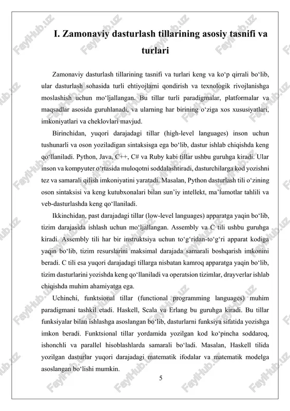 i. python, java, c++ kabi yuqori darajadagi tillar keng tarqalgan platformalarda ishlatiladi. masalan, python tilida yozilgan dasturlar windows, linux va macos operatsion tizimlarida ishlay oladi. bu tillar uchun yaratilgan rivojlangan kutubxonalar va ramkalar (frameworks) yordamida dasturlash jarayoni sezilarli darajada soddalashtiriladi. masalan, django va flask veb-ramkalari python tilida veb ilovalar ishlab chiqishda keng qo‘llaniladi. java esa platformalararo muhit uchun juda mos bo‘lib, java virtual machine (jvm) orqali turli operatsion tizimlarida ishlaydi. java platformasining keng tarqalganligi va uni qo‘llash uchun ishlab chiqilgan idelar (intellij idea, eclipse) dasturchilarga juda qulay muhit yaratadi. c va c++ tillari uchun asosiy platformalar sifatida operatsion tizimlar va maxsus dasturlash muhitlari, masalan, visual studio, code::blocks, va boshqa idelar mavjud. bu tillar ko‘proq tizim dasturlari, o‘yinlar va yuqori samarali dasturlar ishlab chiqishda qo‘llaniladi. ularning platformalarga moslashuvi, ayniqsa, apparat bilan yaqin ishlash imkoniyatlari bilan bog‘liq. web dasturlash tillari, xususan javascript, php, html va css, internet va veb-texnologiyalar uchun maxsus platformalar …