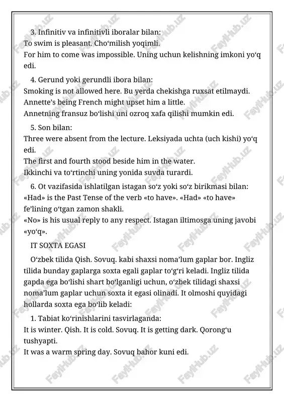 ot- kesim bo‘lib kelganidan farqlash kerak: the task of the agent was to ship the goods immediately (was to ship — qo‘shma ot-kesim). agentning vazifasi mollarni zudlik bilan yuklash edi. the agent was to ship the goods immediately (was to ship — qo‘shma fe’l-kesim). agent mollarni zudlik bilan yuklashi kerak edi. 6. gerunddan: her greatest pleasure was traveling. sayohat qilish uning eng sevimli mashg‘uloti. 7. qo‘shma kesimlarda to bedan tashqari to become, to grow, to get, to turn bo‘lmoq ma’nosida, to seem o‘xshamoq, to look ko‘rinmoq ma’nosida bog‘lovchi fe’l bo‘lib keladi: he became a doctor. u doktor bo‘ldi. it grew warmer. havo ilidi. he is getting old. u qariyapti. she turned pale. uning rangi quv o‘chdi (oqardi). they seemed tired. ular charchaganga o‘xshaydilar. he looks ill. u kasal ko‘rinadi. qo‘shma fe’l-kesim qo‘shma fe’l-kesim fe’lning shaxs-sonni ifodalagan shakli va infinitive yoki gerunddan yasaladi. infinitiv yoki gerund kesimning ma’nosini beradi, fe’lning shaxs-sonni …