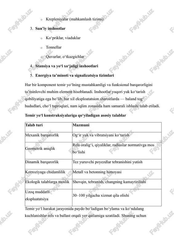 t asosida yo‘l diagnostikasi · robo-montaj texnikalari · “aqlli rels” sensor tizimi rels deformatsiyasini real vaqt o‘lchashi bu innovatsiyalar texnik xizmat ko‘rsatish xarajatlarini kamaytiradi, xavfsizlik darajasini oshiradi va poyezdlar tezligini oshirishga imkon beradi. temir yo‘l konstruksiyalari murakkab muhandislik tizimi bo‘lib, ularga qo‘yiladigan talablarga qat’iy amal qilinishi zarur. konstruksiyalar texnik, ekologik, iqtisodiy va ekspluatatsion ko‘rsatkichlari bo‘yicha doimiy ravishda takomillashib bormoqda. zamonaviy texnologiyalar yordamida temir yo‘l yo‘llari yanada ishonchli, tezkor va energiya samarali holatga kelmoqda. 2. temir yo‘l yo‘llari tasnifi va elementlari yer polotnosi poyezd harakatidan tushadigan yuklarni tuproqqa uzatadi va quyidagilardan tashkil topadi: · asosiy qatlam · poydevor yostiqchasi · yon qiyaliklar · suv oqizish tizimi (drenaj) talablar: barqarorlik, suvga chidamlilik, zichlik, cho‘kishning oldini olish. element tavsif relslar poyezd harakatini ta’minlaydi, po‘latdan yasaladi shpallar relslarni mahkamlovchi tagliklar (yog‘och, beton, plastmassa) ballast stabilizatsiya, yuklarni tarqatish, vibratsiyani kamaytirish krepleniyalar rels-shpal bog‘lamlari (bolt, podkladka, skreplalar) relslar odatda r50, r65 rusumlarda bo‘ladi. shpallar orasidagi masofa …