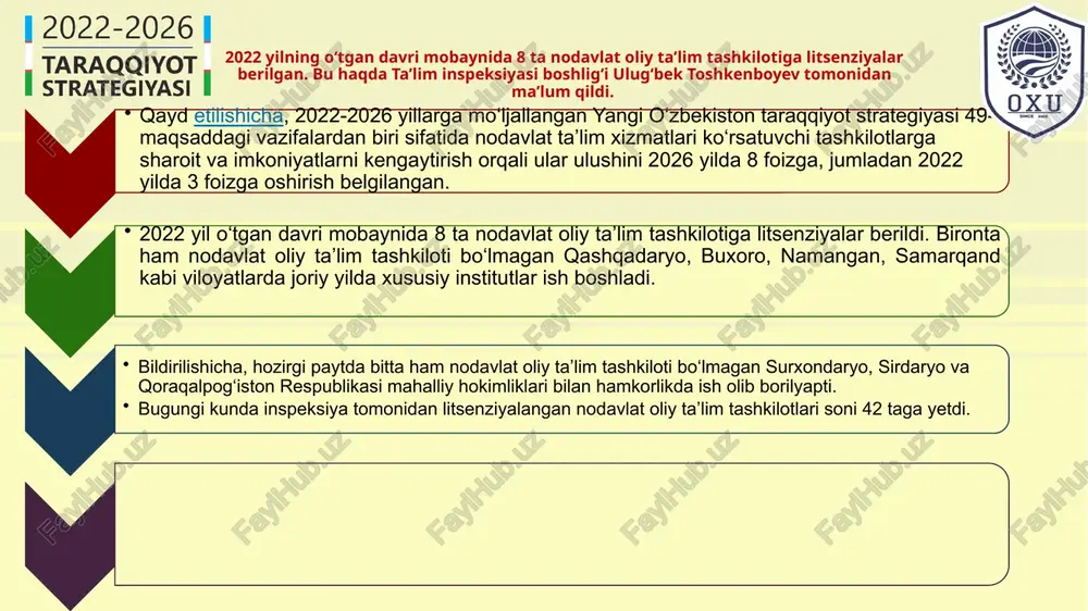 ligi va xalq ta’limi vazirligi har bir tuman (shahar) maktabgacha va xalq ta’limi bo‘limlaridan malakali mutaxassislarni nodavlat ta’lim xizmatlari ko‘rsatish sohasidagi faoliyatni litsenziyalashda ekspertiza xulosalarini tayyorlash va litsenziya da’vogariga taqdim etish jarayoniga jalb etish choralarini ko‘rsinlar. 4. o‘zbekiston respublikasi vazirlar mahkamasi huzuridagi ta’lim sifatini nazorat qilish davlat inspeksiyasi o‘n besh kun muddatda o‘zbekiston respublikasi axborot texnologiyalari va kommunikatsiyalarini rivojlantirish vazirligi, adliya vazirligi hamda boshqa vazirliklar va idoralar bilan birgalikda nodavlat ta’lim xizmatlari ko‘rsatishga litsenziya da’vogarlarining arizalarini davlat xizmatlari markazlari va yagona interaktiv davlat xizmatlari portali orqali qabul qilish va ko‘rib chiqish tizimini ishlab chiqib amaliyotga joriy etsin. 5. o‘zbekiston respublikasi hukumatining 2-ilovaga muvofiq ayrim qarorlari 2018-yil 1-apreldan boshlab o‘z kuchini yo‘qotgan deb hisoblansin. 6. vazirliklar va idoralar o‘zlari qabul qilgan normativ-huquqiy hujjatlarni bir oy muddatda ushbu qarorga muvofiqlashtirsinlar. 7. mazkur qarorning bajarilishini nazorat qilish o‘zbekiston respublikasi bosh vazirining o‘rinbosari q.v. akmalov va o‘zbekiston respublikasi vazirlar mahkamasi huzuridagi ta’lim sifatini nazorat …