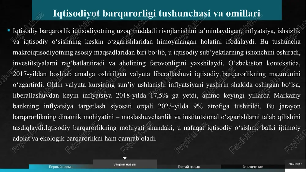 g asosiy yo‘nalishlari – iqtisodiy islohotlarning institutsional asoslari, innovatsion va raqamli iqtisodiyotning rivoji, xalqaro moliyaviy institutlar bilan hamkorlikning ahamiyati hamda barqaror iqtisodiy o‘sishda davlat va xususiy sektor hamkorligi chuqur tahlil etiladi. har bir yo‘nalish bo‘yicha amaliy misollar keltirilib, ularning iqtisodiy barqarorlikka ta’siri dalillar bilan asoslanadi. innovatsion va raqamli iqtisodiyotning rivoji innovatsion va raqamli iqtisodiyotning rivojlanishi o‘zbekistonning iqtisodiy barqarorligini ta’minlashda strategik yo‘nalish hisoblanadi. innovatsiyalar yangi texnologiyalarni joriy etish orqali samaradorlikni oshiradi va raqamli transformatsiya iqtisodiy jarayonlarni tezlashtiradi. bu yo‘nalish resurslarga bog‘liq iqtisodiyotdan bilimlarga asoslangan modelga o‘tishni ta’minlaydi.raqamli iqtisodiyotning asosiy institutsional mexanizmi – elektron hukumat tizimi. o‘zbekistonda 2018-yildan boshlab “elektron hukumat” loyihasi doirasida 300 dan ortiq davlat xizmati onlayn rejimga o‘tkazildi. bu jarayon byurokratiyani qisqartirdi va biznes muhitini yaxshiladi. amaliy misol sifatida, korxonani ro‘yxatga olish muddati 30 kundan 30 minutgacha qisqardi. natijada, yangi korxonalar soni 2017-yildagi 40 mingdan 2023-yilda 100 mingga yetdi stranitsa 15 stranitsa 16 xalqaro moliyaviy institutlar bilan hamkorlikning ahamiyati …