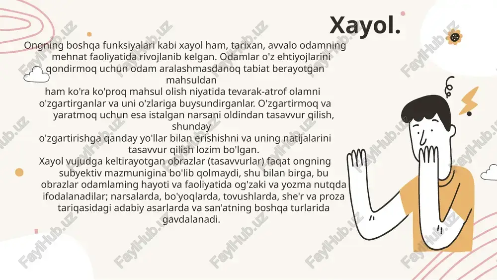 yarli amalga oshirib bo'lmaydi. masalan, biror narsa yasash biror o'simlikni o'stirish uchun qo'lga kiritiladigan natijalarni oldindan bilish, ya'ni xayolda tasavvur etib ko'rish lozim bo'ladi. shuning uchun xayol juda ko'p faoliyatlarning tarkibiy qismiga kiradi. xayolning eng ahamiyatli tomoni muammoli vaziyatdan y engilro q chiqib ketishga mu x im hisoblanadi. insonda mav j ud narsalarning ichki tuzilishi, uning rivo j lanishi, u to'g'ri kelishi ma'lumotlarning ye tishmasligi tufayli sha x s x ayolga va fanta ziya ga murojaat q iladi. shuning uchun hayolning qaysi turi hukm surayotganligidan qat ’ i y nazar u i j obiy hodisa sifatida ba h olanishi lozim. chunki, x ayol insonning aqliy z o’ r ber i shda, stress, ta'sirlanishda asab ti zimi ning tangligidan x alos etib, ishchanlik qobilyatini bar q aror lashtiradi. xayol xususiyatlari va turlari. xayol turlari. t iklovchi xayol deb o'tmishda bo'lib o'tgan yoki hozırda bor bo'lgan lekin bizning turmush tajribamızda shu paytgacha …