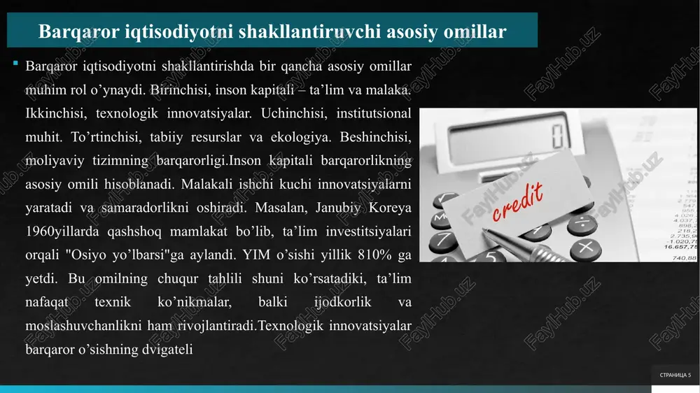 banklari tomonidan berilgan kreditlar hajmi 300 trillion so’mni tashkil etdi, bu yalpi ichki mahsulotning 35% ga teng. stranitsa 11 kredit turlari: qisqa muddatli, uzoq muddatli, ipoteka va iste’mol kreditlari o’zbekiston kredit tizimida kreditlar muddati, maqsadi va ta’minotiga qarab turli turlarga bo’linadi. qisqa muddatli kreditlar (1 yilgacha) aylanma mablag’larni to’ldirish uchun beriladi. ularning hajmi kredit portfellarining 40% ni tashkil etadi. qisqa muddatli kreditlarning afzalligi – tezkor taqsimlash va past risk. masalan, savdo korxonalari qisqa muddatli kreditlar orqali tovar zaxiralarini yaratadi. 2023yilda qisqa muddatli kreditlar hajmi 120 trillion so’mni tashkil etdi, bu savdo aylanmasini 10% ga oshirdi.uzoq muddatli kreditlar (1 yildan ortiq) investitsiyaviy loyihalarni moliyal ashtirish uchun mo’ljallangan. ularning ulushi 30% ni tashkil etadi. uzoq muddatli kreditlar sanoat va qishloq xo’jaligini modernizatsiya qilishda muhim. stranitsa 12 uzoq muddatli kreditlarning foiz stavkalari past bo’lib, davlat subsidiyalari bilan qo’llabquvvatlanadi.ipoteka kreditlari uyjoy sotib olish uchun beriladi. o’zbekistonda ipoteka bozori jadal rivojlanmoqda. 2024yilda ipoteka kreditlari hajmi …