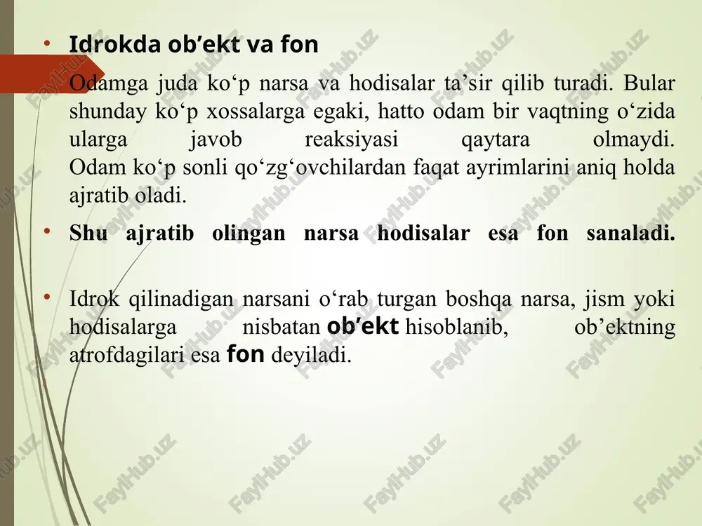ch hissini kuchaytirib yuboradi. natijada uning ro‘parasidan chiqib qolgan butalgan daraxt qandaydir dahshatli mavjudotga o‘xshab ko‘rinadi. xotira – inson tajribasi asosida voqelikdagi narsa va hodisalarni esda olib qolish, esda saqlash, qaytadan esga tushirish va unutishdan iborat bo'lgan psixik jarayon hisoblanadi. xotira tadqiqotchisi james mc.gaugxning ta'kidlashicha: “agar sen oldingi xotiralaringni eslash qobiliyatini yo'qotsang sen uchun hayot tugaydi”. (david g. myers psychology 2010 by worth publishers page 327) xotira tadqiqotchilari 1 asrdan ko'proq vaqtdan buyon quyidagi savollarga javob izlamoqda: qanday qilib biz xotira yutuqlariga erishishimiz mumkin? nima uchun biz, hatto, bir daqiqa oldin uchrashgan insonimizning ismini ututib qo'yamiz? xotiralar miyada qanday saqlanadi? nima uchun ayrim narsalarni tez unutamiz ammo alamli, istalmagan hodisalarni unutishimiz qiyin? qanday qilib bir hodisa ikki shaxsning xotirasida turlicha qoladi? xotiramiz imkoniyatlarini qanday o'stirishimiz mumkin? (david g. myers psychology 2010. page 329) insonlarni o'rganish va axborotni qabul qilish bo'yicha 3 turga ajratsak bo'ladi. bular: eshitish, ko'rish va harakat xotiralar. …