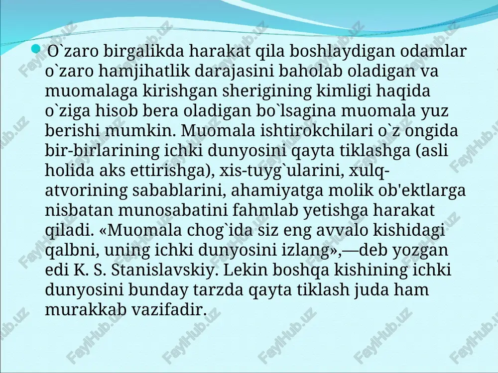 ot berish ro`y beradi. munosabat chog`ida kishi doimo muhim narsani nomuhimidan, zarur narsani tasodifiysidan ajratishga, yakka-yolg`iz narsalarning timsolidan ularning hammasi uchun umumiy bo`lgan xossalarni so`zlar yordamida barkaror aks ettirishga o`tishga o`rganadi. butun boshli narsalar doirasiga xos va shu asnoda so`z yuritilayotgan konkret narsaga ham taalluqli muhim xususiyatlar shu so`z orqali o`z ifodasini topadi. biz «gazeta» deb aytadigan bo`lsak, qo`limizda ushlab turgan gazeta varaqlarinigina nazarda tutmasdan, mazkur narsaning boshqa bosma mahsulotdan farqini hisobga olgan holda uning qaysi toifadagi narsalarga tegishli ekanligini uqdiramiz. so`zlar muayyan bir mohiyatga ega, ya'ni ashyoviy olamga allaqanday tarzda tegishli bo`ladi. o`qituvchi u yoki bu so`zni ishlatganda uning o`zi ham, uning tinglovchilari ham yolg`iz o`sha bitta hodisani nazarda to`tishadi va ularda anglashilmovchilik yuz bermaydi. mohiyatlar sistemasi kishining butun hayoti davomida rivojlanib va boyib boradi. uni sobitqadamlik bilan shakllantirish o`rta ta'limning ham, oliy ta'limning ham markaziy bo`g`ini hisoblanadi. turli tipdagi muloqot va kishi tafakkuri. kishi birgalikda faoliyat ko`rsatayotganda zaruratga …