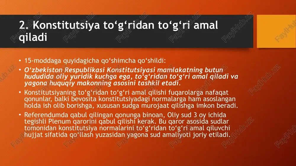 9. davlat boshqaruvidagi o‘zgarishlar. prezidentning vakolat muddati 7 yil bo‘ldi o‘zbekistonning yangi tahrirdagi konstitutsiyasiga binoan: ▪ prezidentning vakolat muddati 5 yildan 7 yilga uzaytirildi. prezidentning “davlat boshlig‘i” maqomi saqlab qolindi. ayni bir shaxs surunkasiga ikki muddatdan ortiq prezident bo‘lishi mumkin emasligi, prezidentning qasamyodi matni va prezidentga taalluqli boshqa aksariyat normalar ham o‘zgarishsiz qoldirildi. ma’lumot uchun, prezidentning vakolat muddati 2003 yilda ham 5 yildan 7 yilga uzaytirilgan, 2011 yilda esa qaytib 7 yildan 5 yilga tushirilgan edi. ▪ bosh vazir nomzodini endi g‘olib partiya emas, prezident taqdim etadi. prezident bosh vazir nomzodini taqdim etishdan oldin parlamentga kirgan barcha partiyalarning fraksiyalari bilan maslahatlashuvlar o‘tkazishi belgilandi. qonunchilik palatasi prezident taqdim etgan nomzodni ko‘rib chiqadi, agar deputatlarning yarmidan ko‘pi ma’qullasa, bosh vazir lavozimga tasdiqlanadi. agar deputatlar nomzodni uch marta rad etsa, prezident bosh vazirni tayinlab, qonunchilik palatasini tarqatib yuborishga haqli. eslatib o‘tamiz, avvalgi tartibga ko‘ra, bosh vazir nomzodini qonunchilik palatasida eng ko‘p o‘rinni egallagan …