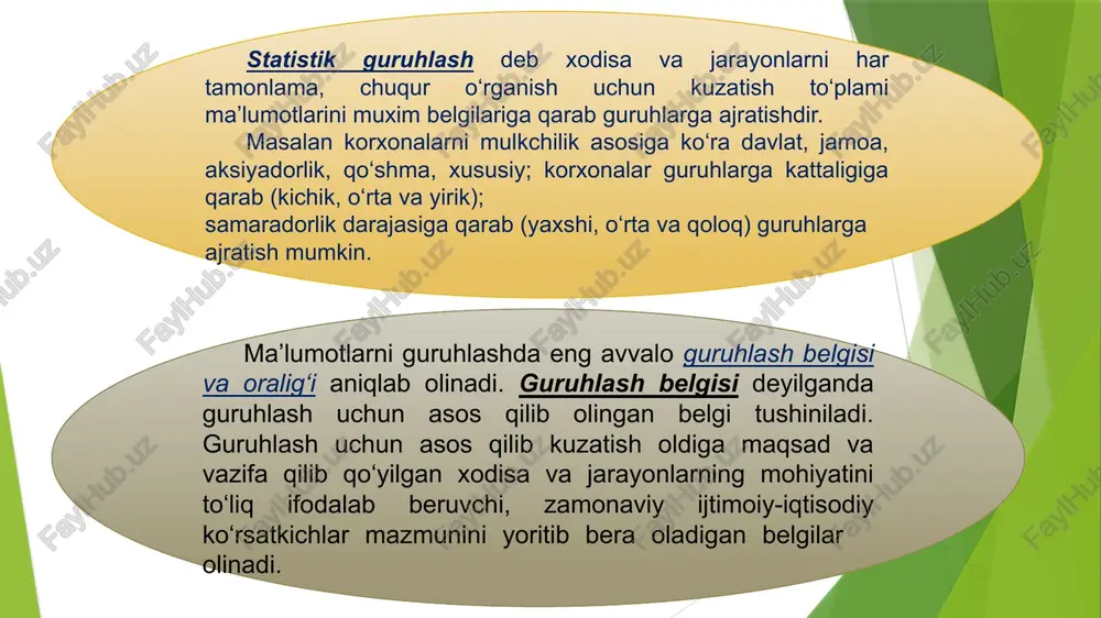 tipdagi sta­tistik to‘plam tarkibiy qismini guruhlarga bo‘lib, ularning sal­mo­g‘ini aniqlash orqali o‘rganish tushuniladi. demak, ushbu gu­ruh­lash turida to‘plam tarkibidagi har bir guruhning salmog‘i aniq­la­nib, to‘plam tarkibi o‘rganiladi. tipologik guruhlash deganda hodisalarni ijtimoiy-iqtisodiy tip­larga ajratish imkoniyatini beruvchi guruhlash tushuniladi. xalq xo‘jaligini tarmoqlarga bo‘lib o‘rganish, aholini sinflarga ajratib o‘r­­ganish, qishloq xo‘jaligi korxonalarini shirkat, fermer, dehqon xo‘jaliklariga bo‘lib o‘rganishlar tipoligik guruhlashga misol bo‘la oladi. ikkilamchi guruhlash dastlabki guruhlangan maʼlumotlarga asoslanib, yangi guruhlarni hosil qilish statistikada ikkilamchi guruhlash deb yuritiladi. bu usul odatda: sifat jihatdan bir xil tipga ega bo’lgan guruhlarni hosil qilish; bir yoki bir necha guruhlarni bir-biri bilan taqqoslash; umumiy qonuniyat yaqqol ko’rinuvchi yirik oraliqli guruhlarni xosil qilish maqsadida qo’llaniladi. ikkilamchi guruhlash : dastlabki guruhlash oraliqlarini yiriklashtirish; oraliqlarning nisbatiga asoslanib, yangi guruhlarni hosil qilish usullarida amalga oshirilishi mumkin. guruhlash oralig’ini yiriklashtirish yo’li bilan ikkilamchi guruhlash usulini quyidagi shartli raqamlar misolida ko’rib chiqamiz (1-jadval). № iv chorakda tijorat do’konlarining tovar oboroti hajmi bo’yicha …
