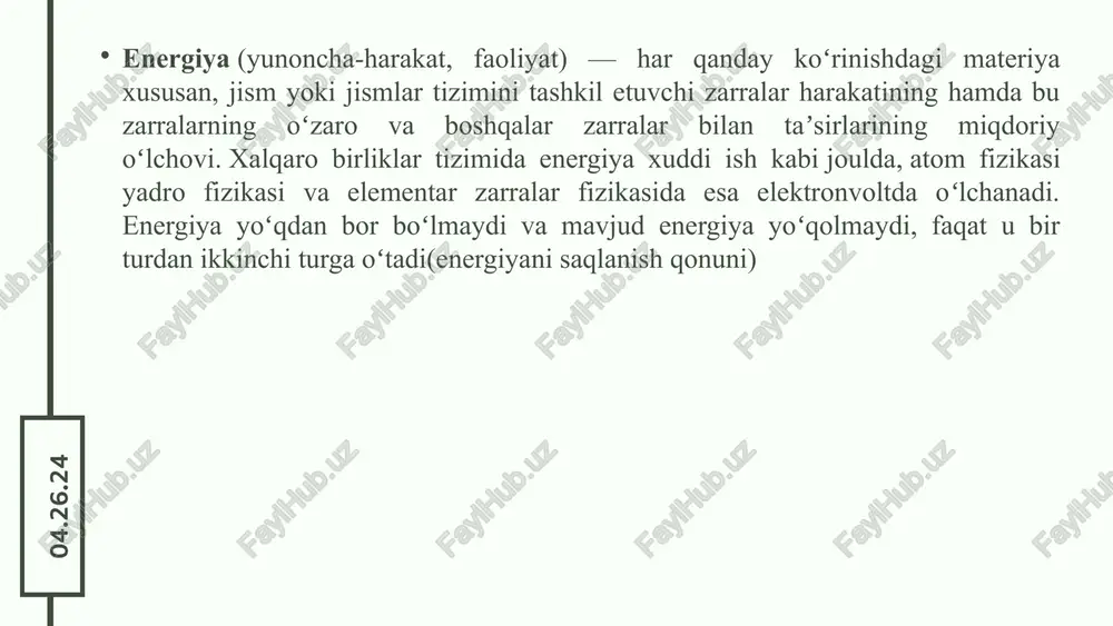 250 mlrd. pud bug‘doy yanchilgan bo‘lib, bu o‘z navbatida uzoq masofalarda joylashgan yirik aholi turar joylari (poselkalar) va shaharlarda katta tegirmonlarga borib vaqt va mablag‘ sarflash kabi ortiqcha ovoragarchilikdan voz kechish imkonini bergan. afsuslar bo‘lsinki, tabiiy resurslardan foydalanishga ayovsiz munasabatda bo‘lish oqibatida o‘tgan asrning 40 - yillarida ko’pchilik davlatlarda aksariyat shamol va suv elektr dvigatellar buzib tashlandi. 50 - yillarga kelib ushbu uskunalar qoloq texnika sifatida batamom tugatildi. 04.26.24 suv energiyasi geslar ishlab chiqarilgan quvvatiga qarab quyidagilarga bo'linadi: quvvatli - 25 mvt dan 250 mvtgacha va undan yuqori ishlab chiqarish; - o'rta - 25 mvt gacha; - kichik geslar - 5 mvtgacha. 04.26.24 suv oqimlari energiyasiga asoslangan elektr stansiyalar. qayta tiklanuvchan energiya manbalaridan yana biri daryo va dengiz oqimi energiyasidan foydalanishga asoslangan. bunday elektrostansiyalarda suv to‘lqini oqimi energiyasidan foydalanib elektr energiyasi olishda daryo o‘zanida yoki bevosita dengizlarning qirg‘oqlarida oqim elektrostansiyalari quriladi. bunday elektrostansiyalarning bir qancha turlari tadqiq etilgan. masalan, dengiz …