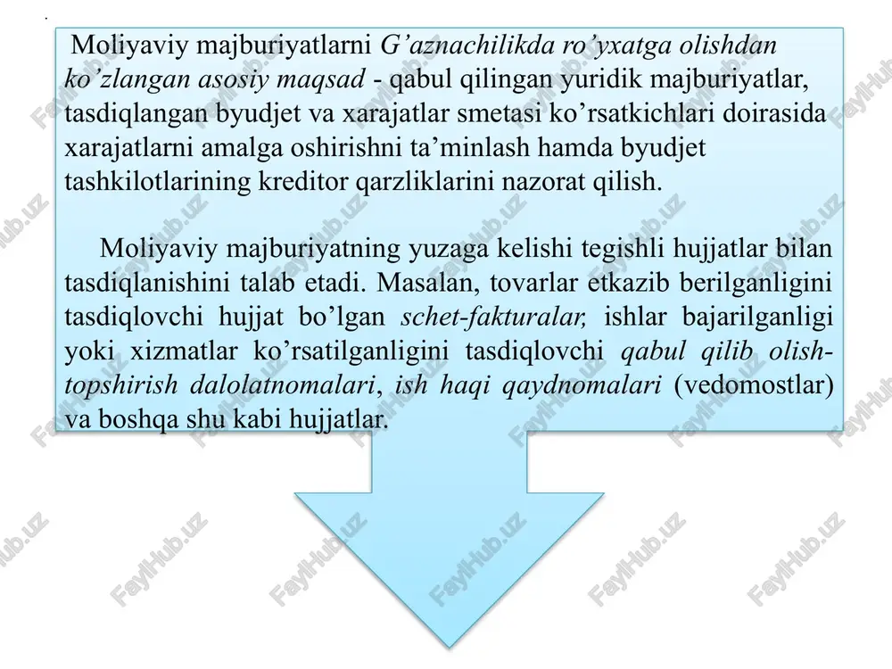 majburiyatlar summasiga nisbatan kam qabul qilinishi natijasida byudjet mablag’larining iqtisodi yuzaga kelganda, byudjet tashkilotlari tegishli hisobot davri uchun shartnomalar summasini qabul qilingan moliyaviy majburiyatlar summasiga muvofiqlashtirish uchun, ularni kamaytirish bo’yicha qo’shimcha kelishuv tuzishlari lozim. amal qilish muddati tugagan shartnomalar bo’yicha moliyaviy majburiyatlar miqdori ro’yxatga olingan yuridik majburiyatlar summasiga nisbatan kam qabul qilinishi natijasida byudjet mablag’larining iqtisodi yuzaga kelgan xollarda, yuridik majburiyatlar summasi qabul qilingan moliyaviy majburiyatlar summasiga buyurtmachi hamda mahsulot etkazib beruvchi (pudratchi) o’rtasidagi solishtirma dalolatnoma asosida muvofiqlashtiriladi. hisobot yilining oxirida shaxsiy g’azna hisobvaraqlarida qolgan iqtisod qilingan byudjet mablag’larining byudjet tashkilotlarining rivojlantirish jamg’armasiga o’tkazilishi bir xil tartibda qo’shimcha davr mobaynida amalga oshiriladi. g’azna ijrosiga o’tgan byudjetdan mablag’ oluvchilar bo’yicha o’tgan yil uchun to’lov topshiriqnomalari moliya yiliga qo’shimcha davrning tugashigacha 5 ish kunidan kechikmagan muddatda g’aznachilik bo’linmalariga taqdim etilishi lozim. tibbiyot muassasalarida tegishli moddada nazarda tutilgan byudjetdan rejali ajratilgan mablag’lar tibbiyot muassasalarining moddiy rag’batlantirish va rivojlantirish jamg’armasiga taqdim qilingan to’lov hujjatlari …