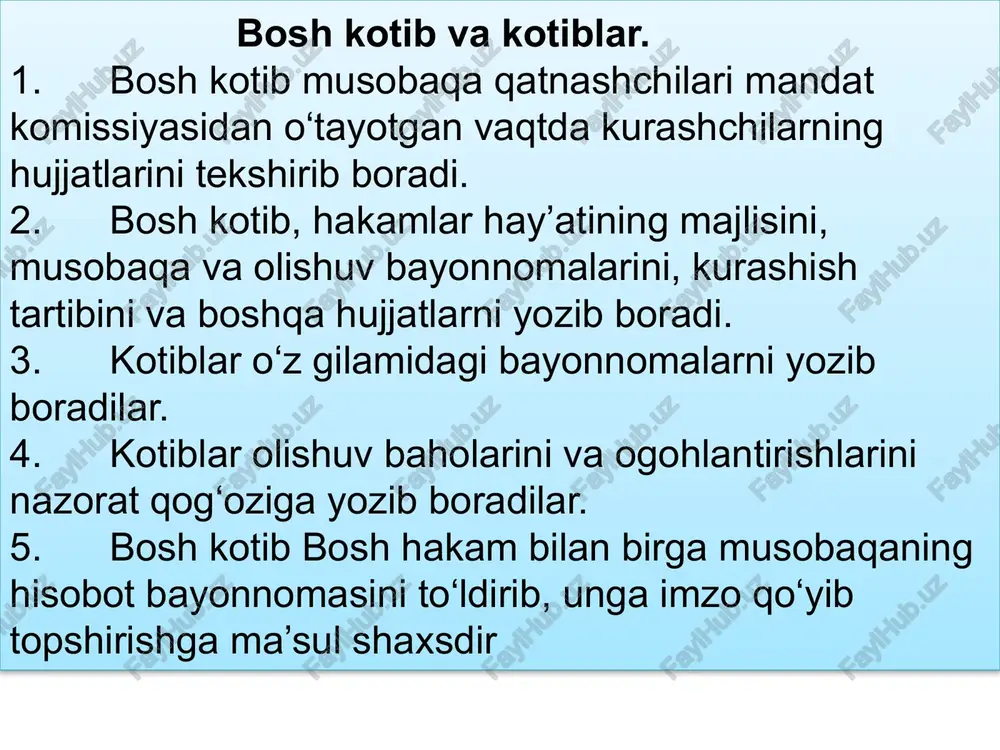 ladi. “yonbosh” – hakam qo‘lini kaftlari bilan pastga qaratgan holda (barmoqlar bir joyda jips) yonboshga urib, yon tomonga cho‘zib (900) ishora qiladi. a) kurashchilardan biri usul qo‘llab raqibini tezlik bilan kuragiga yiqitsa; b) yoki raqibiga “dakki” e’lon qilinsa beriladi. “chala” – kurashchilardan biri usul qo‘llab, usulni oxirigacha to‘liq bajara olmasa ishlatiladigan ibora. hakam qo‘lini kafti bilan yoniga qaratgan holda tirsagidan bukib (900) ishora qiladi. a) kurashchilardan biri usul qo‘llab to‘lig‘icha bajara olmasa, raqibning beli yoki undan yuqori qismini gilamga teggizsa; b) raqibiga “tanbeh” e’lon qilinganda beriladi; v) nechta “chala” bahosi berilishidan qat’iy nazar ularning umumiy soni jamlanmaydi; g) agar ikkala kurashchidan ham bir nechtadan “chala” bo‘lsa, g‘oliblik ko‘p “chala” olgan kurashchiga beriladi. “dakki” – ikkinchi ogohlantirishda ishlatiladigan ibora. hakam qo‘lini musht qilib tirsagidan bukib (900) ishora qiladi (qo‘l barmoqlar musht holiga kelgan va kaft old tomonga qaragan bo‘lishi kerak). (dakki) – “tanbeh”dan keyin ikkinchi, unchalik katta bo‘lmagan xatoga yo’l qo‘ygan …