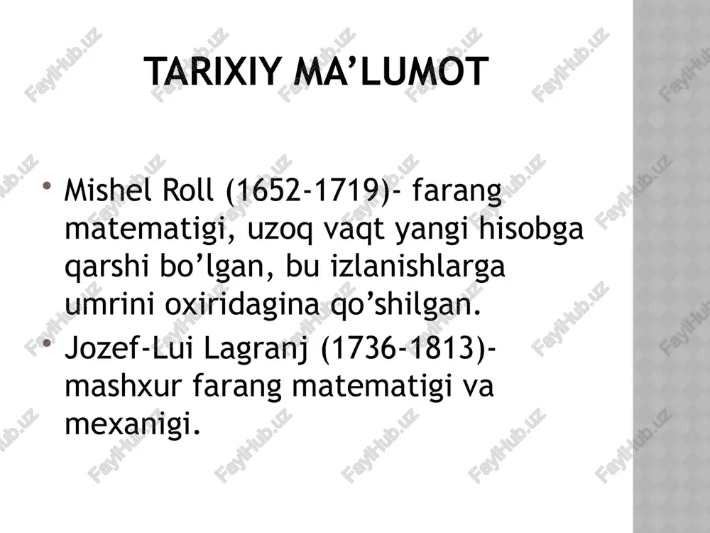 un makloren formulasi qanday xususiyatga ega? 5. (1+x)n (n ) funksiya uchun makloren formulasini yozing, uni nyuton binomi bilan solishtiring. 6. teylor formulasi yordamida taqribiy hisoblashda xatolik qanday baholanadi? 1. aylana yoki to'g'ri to'rtburchak shakllardan foydalanishni o'zingiz tanlaysiz. 2. chizmaning ko'rinishini - mulohazalar zanjirinito'g'ri chiziqlimi, to'g'ri chiziqli emasligini o'zingiz tanlaysiz. 3. yo'nalish ko'rsatkichlari sizning qidiruvlaringizni: dastlabki holatdan izlanishgacha bo'lgan yo'nalishingizni belgilaydi. «nima uchun?» chizmasini tuzish qoidalari mustaqil yechish uchun misol va masalalar 1. (1+x)1/3 funksiya uchun peano qoldiq hadli makloren formulasini yozing. 2. sin2x funksiya uchun lagranj qoldiq hadli makloren formulasini yozing. 3. y=ex funksiyaning x0=1 nuqta atrofidagi teylor formulasini yozing b/bx/b jadvali bilaman bilishni xohlayman bilib oldim o‘z-o‘zini tekshirish uchun savollar roll teoremasini ayting. roll teoremasining geometrik ma’nosi nimadan iborat? lagranj teoremasini ayting. uning geometrik ma’nosi nimadan iborat? lagranj teoremasi shartlarining har biri zaruriy shart ekanligini misollarda tushuntiring. roll teoremasi lagranj teoremasining xususiy holi ekanligini ko‘rsating. foydalanilgan adabiyotlar 1. …