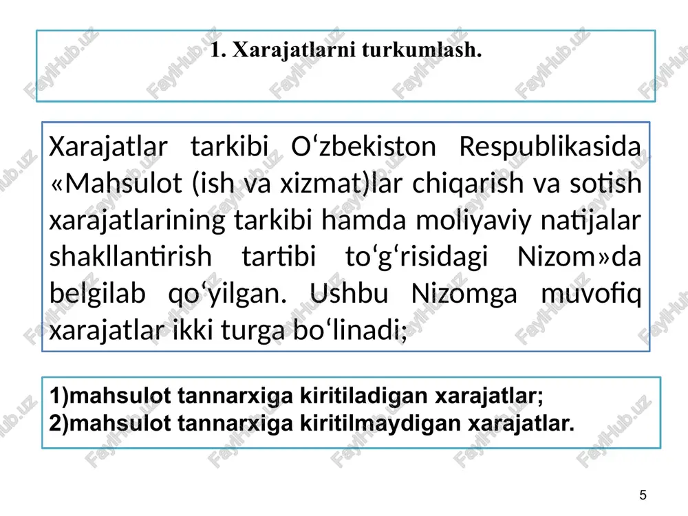 dan chiqarildi 2010-"asosiy ishlab chiqarish" 2510-"umumishlab chiqarish xarajatlari" yordamchi ishlab chiqarish bilan bog‘liq umumishlab chiqarish xarajatlari hisobdan chiqarildi 2310-"yordamchi ishlab chiqarish" 2510-"umumishlab chiqarish xarajatlari" xizmat ko‘rsatuvchi ishlab chiqarish faoliyati bilan bog‘liq umumishlab chiqarish xarajatlari hisobdan chiqarildi 2710-"xizmat ko‘rsatuvchi xo‘jaliklar" 2510-"umumishlab chiqarish xarajatlari" ishlab chiqarish korxonasining hisob siyosatida umumishlab chiqarish xarajatlari alohida ishlab chiqarishlar o‘rtasida bevosita xarajatlarga mutanosib ravishda taqsimlanishi ko‘zda tutilgan. hisobot davrida umumishlab chiqarish xarajatlari 11 100 ming so‘mni tashkil qildi, korxonaning bevosita xarajatlari 39 450 ming so‘m, shu jumladan: - asosiy ishlab chiqarish xarajatlari 22 250 ming so‘m; - yordamchi ishlab chiqarish xarajatlari 12 750 ming so‘m; - xizmat ko‘rsatuvchi ishlab chiqarish xarajatlari 4 450 ming so‘m. umumishlab chiqarish xarajatlari 11 100 ming so‘mni tashkil qildi va ular bu tarzda taqsimlanadi: - asosiy ishlab chiqarishga 6 260,5 ming so‘m (22 250/39 450 x11 100); - yordamchi ishlab chiqarishga 3 587,5 ming so‘m (12 750/39 450 x 11 100); …