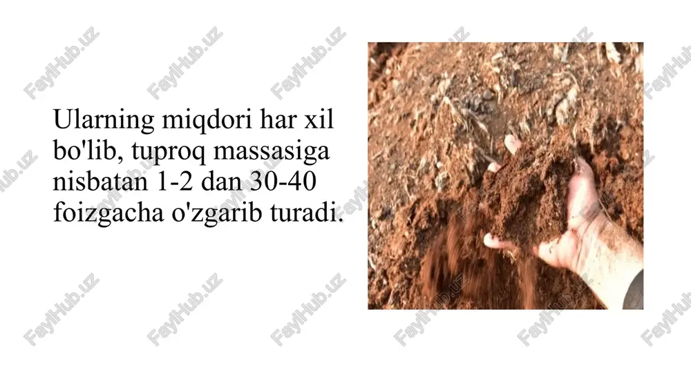 rh ko'rsatkichi bo'yicha quyidagi ishqoriylik darajalari ajratiladi: ph = 7-7,5 — kam ishqoriylik; ph = 7,5-8,5 — o'rtacha ishqoriylik; ph = 8,5 va undan yuqori — kuchli ishqoriylik. +3hci=ck h h +caci+naci ck oh h sio3 sio3=ci oh na oh oh oh oh oh oh +3hci=ck ci ci oh oh oh ci +3h2o ck al al al tuproqda bazoidlar bo'lganda reaktsiya quyidagi sxema buyicha kechadi al tuproqning mayda dispers (kolloid) zarrachalari yuzasida turli moddalar konsentrasiyasi oshirilishiga fizikaviy singdirish qobiliyati deyiladi. tuproqdagi mayda zarrachalarning yuza energiyasi ta'sirida turli gaz va suv bug'lari, mikroorganizmlar va organik moddalar fizik uo'l bilan singdiriladi hamda ularni tuproqdan yuvilib ketishdan saqlaydi. mexanik zarrachalar qanchalik mayda va gumus ko'p bo'lsa adsorbilanish xususiyati shuncha yuqori bo'ladi. tuproqning kolloid zarrachalari yuzasida turli ionlarning singdirilishi va eritmadagi ionlar bilan ekvivalent miqdorida almashinish qobiliyatiga fizik-kimuoviu yoki o'rin almashinadigan adsorblanish (singdirish) deyiladi. singdirish qobiliyati tuproqning eng muhim xossalaridan biri hisobianadi, chunki u …