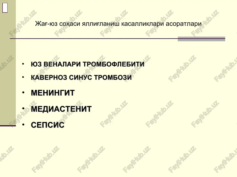 ms vankomitsin; teykoplanin; rifampitsin +ko-trimaksazol streptococcus viridans benzilpenitsillin linkomitsin; tsefoiaksim ; vankomitsin;teykoplanin, tseftriakson; tsefepim; streptococcus pneumoniae benzilpenitsillin tseftriakson; tsefotaksim ; vankomitsin; teykoplanin enterococcus faecalis ampitsillin+ gentamitsin vankomitsin; teykoplanin; tikartsillin / klavulanat; gentamitsin sepsisda stafilokoklarning antibakterial preparatlarga sezuvchanligi preparat sezuvchanlik % penitsillin oksatsillin ampitsillin karbenitsillin tseporin eritromitsin streptomitsin neomitsin kanamitsin gentamitsin levomitsetin tetratsiklin dioksidin 9,9 70,5 24,0 37,0 76,2 40,4 23,1 65,4 66,4 89,6 20,7 20,2 66,6 meningit ikkilamchi meningit va meningoentsefalit kuzatilgan bemorlarni hammasi bosh og'rishiga shikoyat etishgan, 27% bemorlar ko'ngil aynashga, 60% bemorlar bo'shashishga, 77% asabni buzilishi (tormizlanish, uykuvchanlik), epileptik holat, chiroqdan qo'rqish kuzatish mumkin. bemorlarda tana harorati 40s va undan yuqori bo'ladi, kerning simptom kuzatish mumkin. 15-20% bemorlarda brudzinskiy simptom kuzatiladi. ko'p hollarda ko'zni harakatlantiruvchi nervlar shikastlanadi va ptoz, qiyshik ko'rish, yoruglikga qarshi reaktsiyasi past bo'ladi. yuz nervini paralichi, 3 shox babin nervini shikastlanishi, yuz terisini sezuvchanligi pasayishi, rossolimo va gordon simptomlari. qon taxlilida leykotsitoz 1000-2000 (xuj\1 mkl), …