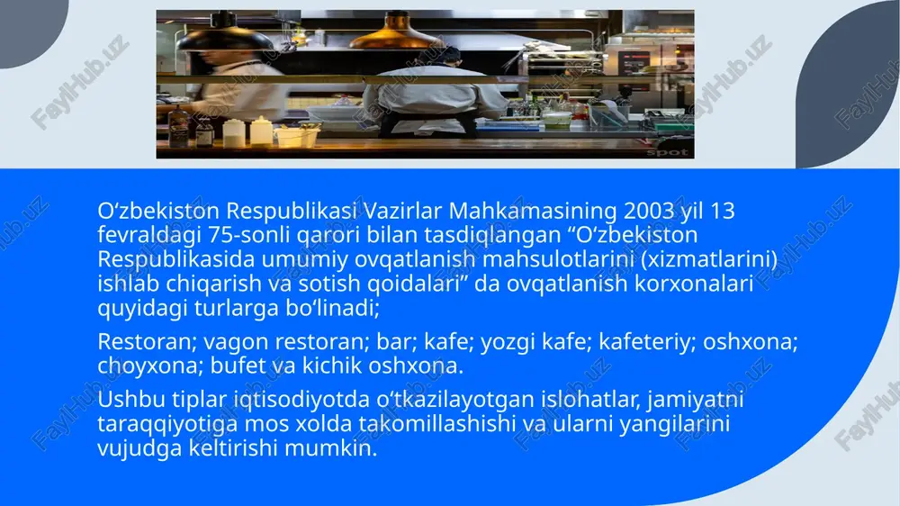 ‘lar kiradi (turar-joy binolari, tibbiyot muassasalari, dam olish markazlari, sport inshootlari). ovqatlanish korxonasining asosiy vositalari deyarli butunlay ishlab chiqarish bilan bog‘liq bo‘ladi. ovqatlanish korxonasining asosiy vositalari sanoatning o‘ziga xos xususiyatlaridan kelib chiqib, o‘zlari ishlab chiqargan mahsulotlar va sotib olingan tovarlarni ishlab chiqarish, sotish va isteʼmol qilishni tashkil etish jarayonlari bilan bevosita bog‘liqdir. ishlab chiqarish jarayonida asosiy vositalar xom ashyo va yarim tayyor mahsulotlarni (xamir tayyorlash mashinalari, qovurish pechlari va boshqalarni) qayta ishlash uchun ishlatiladi. sotish va isteʼmolni tashkil etish jarayonlarida ular ham muhim rol o‘ynaydi (kassa apparatlari, bar hisoblagichlari va boshqalar). hisob — kitoblarga ko‘ra, ovqatlanish korxonalarining asosiy vositalarini taxminan 55% ishlab chiqarish jarayonida, 10% — almashinuv jarayonida va 35% - isteʼmol jarayonida ishlatiladi. aylanma mablag‘lardan foydalanish samaradorligi ko‘rsatkichlariga juda ko‘p omillar taʼsir etadi. ularning asosiylari quyidagilar: mahsulot hajmining ko‘payishi; aylanma mablag‘lar tuzilishining yaxshilanishi; aylanma mablag‘larni belgilangan meʼyorlar darajasiga yetkazish; debitorlik va kreditorlik qarzlarini kamaytirish; chiqarilayotgan mahsulotga talabni o‘rganishning yaxshilanishi; …