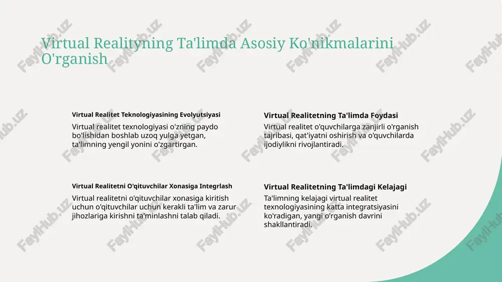 etadi, ular virtual joylarda aloqa qilishadi, jamoatchilik va kommunikatsiyani rag'batlantiradi. vr integratsiyasidagi muammolarni va man'iyatlarni o'tkazish vr integratsiyasidagi muammolarni hal qilish, mablagʻ, texnik qiyinchilik, va foydalanuvchilarni oʻqitish kabi muammolarga e'tibor berishni talab qiladi. oʻquv muassasalari, zarur resurslar, qo'llab-quvvatlash, va oʻqitish orqali vr texnologiyasini oʻquv oʻyinlarida muvaffaqiyatli amalga oshirishlari mumkin. photo by stephan sorkin on unsplash natija virtual realitiya texnologiyasini qabul qilish virtual realitiya texnologiyasi o'quvchilarni tortiblantiruvchi o'qish tajribalari taklif qiladi, ularni qiziqtirish va bilimni saqlashga yordam beradi. hamkorlik va kommunikatsiyani kuchaytirish virtual realitiya talabalar o'rtasida hamkorlik loyihalarini va kommunikatsiyani oshiradi, jamoa ishlarini va muammolarni hal qilish ko'nikmalarini rivojlantiradi. shaxsiy o'rganish imkoniyatlari virtual realitiya orqali, ta'lim beruvchilar o'quvchilarning shaxsiy talablari uchun o'qish tajribalarini moslashtirishlari mumkin, shaxsiy ta'limni rag'batlantiradi. ta'limda kelajakdagi iqtisodiyotlar virtual realitiya texnologiyasini ta'limda integratsiya qilish, interaktiv o'qish va innovatsion o'qitish usullari uchun yangi imkoniyatlar ochadi. e'tiboringiz uchun rahmat! image1.jpg image2.jpg image3.jpg image4.jpg image5.jpg /docprops/thumbnail.jpeg