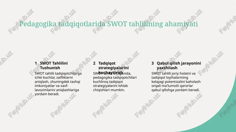 ash pedagogika ilmiyoti bo'yicha swot tahlilining natijalari va o'zgardi swot tahlil uslubidan muhim olingan narsalar pedagogika ilmiyotida kuchlar, kamchiliklar, imkoniyatlar va xavf-lar ustida o'ylash, strategik rejalashtirish va qaror qabul qilishga yordam beradi. swot tahlilida o'zini qayta o'rganishning ahamiyati o'z-o'zini qayta o'rganish, ta'lim berganlar uchun ko'p sohalarni aniqlash, kelajak uchun ma'lumotli qaror qabul qilishga imkon beradi. swot tahlilini ta'lim usullariga integratsiya qilish swot tahlilini ta'lim usullariga integratsiya qilish orqali, pedagoglar o'z ta'sirini kuchaytirish, o'zgarishlarga moslashuv qilish va doimiy yaxshilanishni ta'minlashlari mumkin. e'tiboringiz uchun rahmat! image1.jpg image2.jpg image3.jpg image4.jpg image5.jpg /docprops/thumbnail.jpeg