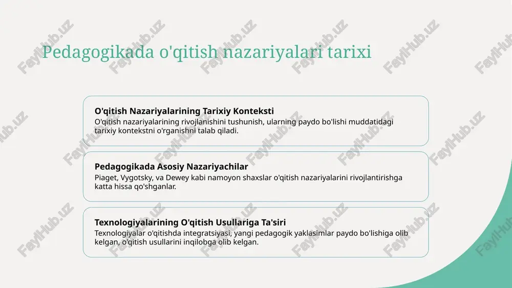 'qituvchilar sifatida, o'qitish nazariyasi pedagogikasini didaktikada qo'llash, o'qitish praktikalarini va talabalar natijalarini oshirish uchun zarurdir. e'tiboringiz uchun rahmat! image1.jpg image2.jpg image3.jpg image4.jpg /docprops/thumbnail.jpeg