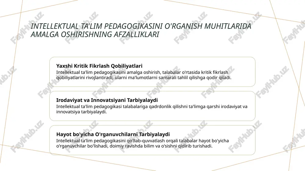 lish, o'qituvchilarning tezroq o'zgaruvchi muhitda muhimdir. doimiy o'rganish madaniyatini rivojlantirish orqali, o'qituvchilar o'quvchilarning farqli talablari bilan mos kelish uchun usullarini moslashishlari mumkin. photo by betsy arce on unsplash intellektual ta'lim pedagogikasining kelajagi uchun natijalar va tavsiyalar o'tgan muvaffaqiyatlar ustida aks etish o'tgan yillarda o'qitish pedagogikasida qilingan rivojlanishlarni tan olish juda muhimdir. innovatsiyalarni va texnologiyalarni qabul qilish texnologiyadagi tez rivojlanishlar bilan, innovatsion vositalarni o'qitish usullariga integratsiya qilish kelajagi uchun ahamiyatli hisoblanadi. hamkorlikda o'rganish va kritik fikrlash hamkorlikda o'rganish muhitlarini rag'batlantirish va kritik fikrlash ko'nikmalarini rivojlantirish, o'qitish pedagogikasi uchun asosiydir. e'tiboringiz uchun rahmat! image1.jpg image2.jpg image3.jpg image4.jpg image5.jpg /docprops/thumbnail.jpeg