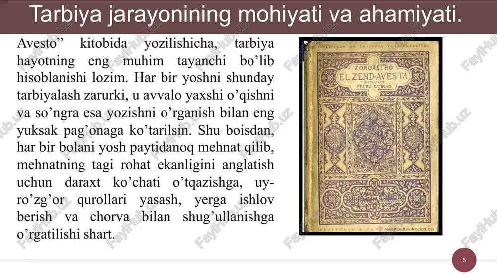 yaviy yo'nalganligi; -tarbiyaning insonparvarlashuvi; -tarbiyaning hayot, mehnat bilan bog'liqligi; -tarbiyaga yaxlit(kompleks) yondashuv; -jamoada tarbiyalash va jamoaga suyanib ish ko'rish; tarbiya jarayoni quyidagi tamoyillar asosida boshqariladi: ‹#› - shaxsga talabchanlik bilan hurmatni birga qo'shib olib borish; - o'qituvchilar, jamoat tashkilotlari va oilaning talab hamda tarbiyaviy ta’sirlarining birligi; -tarbiyalanuvchining yosh va individual xususiyatlarini hisobga olish; -tarbiya jarayonining tizimliligi va uzluksizligi. tarbiya qonuniyatlari - bu bir tomondan, ijtimoiy hodisa sifatida tarbiyaning xususiyatlari, ikkinchi tomondan, shaxsning rivojlanishi bilan bog‘liq bo'lgan barqaror aloqalar yig'indisi. tarbiya jarayonining quyidagi qonuniyatlari mavjud: ‹#› -ijtimoiy muhitning obyektiv va subyektiv omillariga bog'liqligi; -tarbiyaning shaxsning rivojlanishi bilan birligi va o‘zaro bog'liqligi; - faoliyat va munosabatni e’tirof etish shaxsning ijtimoiy ahamiyatga ega fazilatlarini shakllantirishning negizi va asosiy manbai; -tarbiyalanuvchilarning o'zaro tarbiyaviy ta’siri, o'zaro munosabatlari hamda faol faoliyati o‘rtasidagi bog'lanish; -tarbiya va o‘zini-o‘zi tarbiyalashning intensivligi; -tarbiyalanuvchining «ichki olami»ga ta’sir etishning intensivligi; -tarbiyalanuvchilarda verbal va sensomotor jarayonlarning rivojlanish darajasi va pedagogik ta’sirni hisobga olish. …