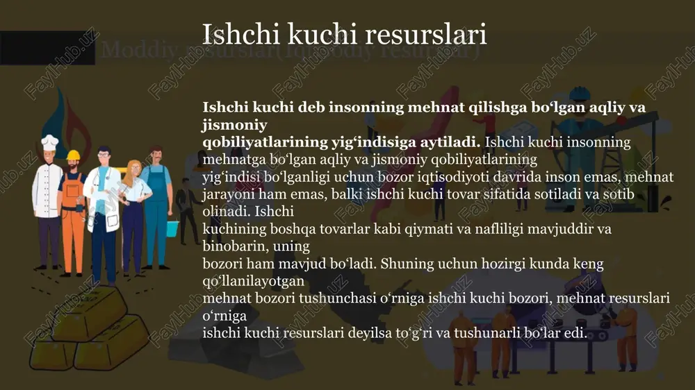 rish ajratilishini ta’minlasin. moddiy ( iqtisodiy ) resurslardan samarali foydalanish mamlakat eksport salohiyati va raqobat bardoshligini oshirishning muhim omili sifatida moddiy resurslar iqtisodiy resurslar-deganda tovar ishlab chiqarish va xizmat ko‘rsatish jarayonlarida foydalanish mumkin bo‘lgan barcha vosita va imkoniyatlar majmui tushuniladi. tabiiy resurlar ishchi kuchi resurslari kapital tadbirkorlik qobiliyati 2021-yilda o‘zbekiston respublikasining eksport salohiyatini amalga oshirish chora-tadbirlari to‘g‘risida president farmoni eksportni har tomonlama qo‘llab-quvvatlash va rag‘batlantirish, uning hajmlari barqaror o‘sishini ta’minlash va tarkibini takomillashtirish bo‘yicha mamlakatda amalga oshirilayotgan kompleks chora-tadbirlar, ushbu maqsadlarda mavjud resurs va ishlab chiqarish salohiyatidan maksimal darajada foydalanish koronavirus pandemiyasi munosabati bilan joriy etilgan cheklovlarning oqibatlarini yumshatish imkonini berdi. 2021-yilda respublika eksport salohiyatini tiklash va yanada kengaytirish maqsadida: 1. eksport va investitsiyalarni rivojlantirish masalalari bo‘yicha hukumat komissiyasining (keyingi o‘rinlarda — hukumat komissiyasi) investitsiyalar va tashqi savdo vazirligining hududiy bo‘linmalarida joylashtirgan holda doimiy faoliyat yurituvchi hududiy eksport shtablarini tashkil etish to‘g‘risidagi taklifiga rozilik berilsin. hukumat komissiyasi o‘n kun muddatda …