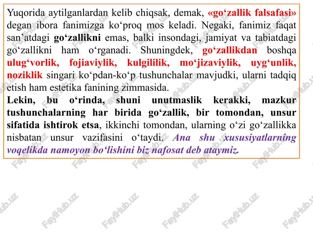 rat bo‘lib, bu kategoriyalar ana shu predmet va hodisalarning estetik sifatlarini, estetik xossalarini, aloqadorliklarini ifodalaydi. kategoriya (gr. kategoria-ko‘rsatma, guvohlik) estetikada asosiy tushunchalar bo‘lib, bu tushunchalar voqelikning estetik xossalarini, sifatlarini, tomonlarini, munosabatlarini estetik bilish mohiyatini ifodalaydi. bugungi kunda go‘zallik – ulug‘vorlik – fojiaviylik – kulgililik; estetik ideal – estetik did – estetik tuyg‘u; san’at – badiiy obraz – ijodkorlik ko‘rinishdagi tizim estetika fanining kategoriyalar tasnifida kengroq qo‘llanilmoqda. inson va uning ruhiy–jismoniy, axloqiy–estetik faoliyati, tabiat va undagi hodisalar, jamiyat va unda ro‘y berayotgan ijtimoiy–ma’naviy, siyosiy–iqtisodiy jarayonlar go‘zallikka yondoshuvning tarixan tarkib topgan asosiy obektlaridir. shuni alohida ta’kidlash zarurki, go‘zallik haqidagi qarashlar va nazariyalar markaziga «go‘zallik nima?» degan savol qo‘yiladi–yu, ammo ularning aksariyatida «nima go‘zal?» degan javobni ko‘ramiz. shuning uchun ham odatda, go‘zallik ikki omil asosida yuzaga keladi. bular: inson tafakkuri va mehnatining mahsuli natijasida yaratiladigan go‘zallik; inson tafakkuridan tashqarida, insonga bog‘liq bo‘lmagan xolda yuzaga keladigan go‘zallik. birinchisida aql, ruh va xissiyot ustuvor bo‘lsa, …