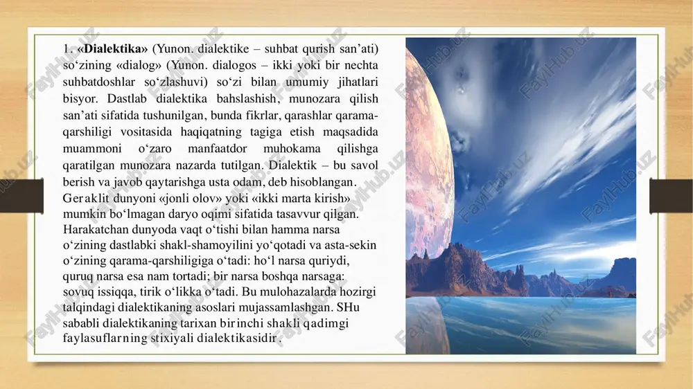 yo’li”, “ilmiy bilish” ilmiy tadqiqotning usulidir. metodologiya – biron fanda tadbiq etiladigan tadqiqot usullarining majmui. ilmiy bilish va dun- yoni o’zgartirish metodi haqidagi talimot. 22 “kategoriya” so‘zi qadimga yunon tilidan olingan bo‘lib: «izohlash», «tushuntirish», «ko‘rsatish», degan ma’nolarni anglatadi. uning mazmunidagi bunday xilma-xillik qadimga davrlardanoq ilmiy tadqiqot yo‘nalishiga aylangan. falsafa tarixida ularni birinchi bo‘lib, arastu ta’riflab bergan. u o‘zining «kategoriyalar» degan asarida ularni ob’ektiv voqelikning umumlashgan in’kosi sifatida qarab, turg‘umlashtirishga harakat qilin. xususan, uningcha quyidagi kategoriyalar mavjud: «mohiyat» (substansiya), «miqdor», «sifat», «munosabat», «o‘rin», «vaqt», «holat», «mavqe», «harakat», «azob-uqubat». bu turg‘umlashtirish, o‘z vaqtida ilmiy bilishda juda katta ahamiyatga ega bo‘lgan. keyinchalik arastu «metafizika» asarida «mohiyat», «holat» va «munosabat» kategoriyalarini ham izohlagan. 23 yakkalik – alohida narsa va hodisagagina xos bo’lib, bu narsa va hodisani boshqa narsa va hodisadan farq qiluvchi, takrorlanmaydigan, individual belgi va xususiyatlar birligidir. xususiylik – narsa va hodisalarga xos maxsus tomonlar, xususiyatlar birligidir. umumiylik – ko’pchilik narsa va hodisalarga …