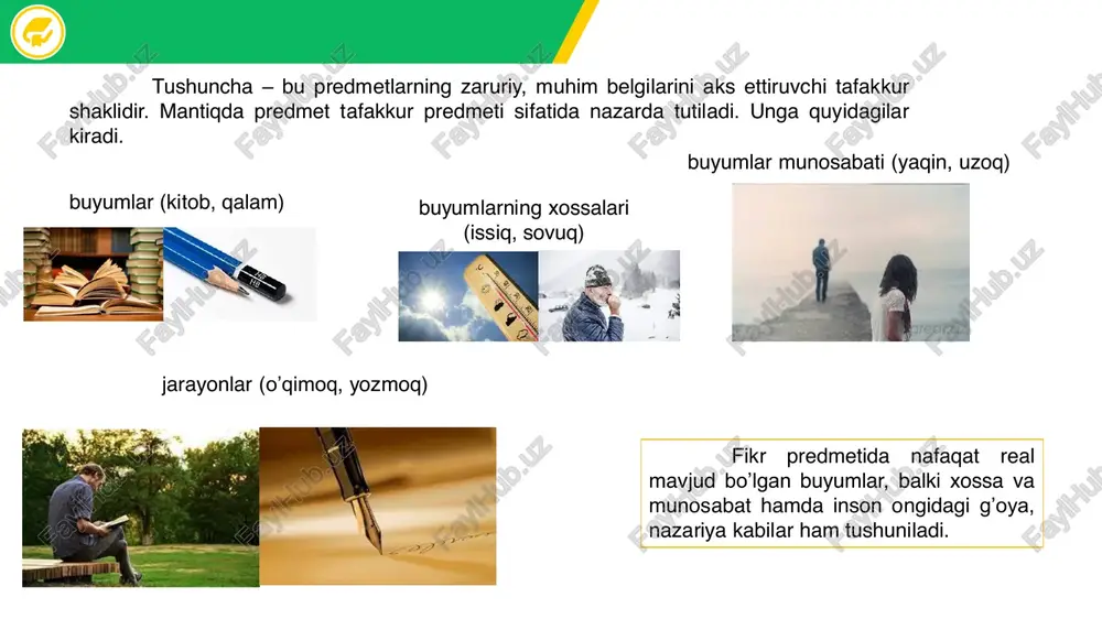 unosabatlar ham uch xil munosabatga – birga bo’ysunish, qarama-qarshilik va zidlikga bo’linadi. birga bo‟ysunish munosabati qo‟yidagi tushunchalar o‟rtasida mavjud: a-shahar. v-toshkent shahri. s-moskva shahri. v s a qarama-qarshilik munosabatidagi tushunchalarning hajmlari bir-birini istisno qiladi. ular predmetlar va predmetlar guruhining qarama-qarshi belgilarini aks ettiradi, ya'ni biri predmetning biror belgisini ifoda qilsa, ikkinchisi uni inkor qiluvchi boshqa belgisini aks ettiradi. qarama-qarshilik munosabatidagi tushunchalar o‟zlari bo‟ysunadigan tushunchaning hajmini to‟la qamrab olmaydi. masalan: a-bino v-baland bino s-past bino v v emas a zidlik munosabatidagi tushunchalardan biri predmetning birorta xususiyatini ifoda qilsa, ikkinchisi uni inkor qiladi va mazmun jihatidan noaniq bo‟lib qoladi. zidlik munosabatidagi tushunchalar, qarama-qarshilik munosabatidagi tushunchalardan farqli o‟laroq, bo‟ysundiruvchi tushunchaning hajmini to‟liq qoplaydi. masalan: a-bino v-baland bino s-baland emas bino a v s tushunchalar ustida bo‟ladigan mantiqiy amallar tushunchalarni umumlashtirish va chegaralash. tushunchalarni umumlashtirish va chegaralash tushunchalar ustida olib boriladigan mantiqiy amallardan biridir. ular tushunchaning mazmuni va hajmi o‟rtasidagi teskari miqdoriy nisbat qonuniga …