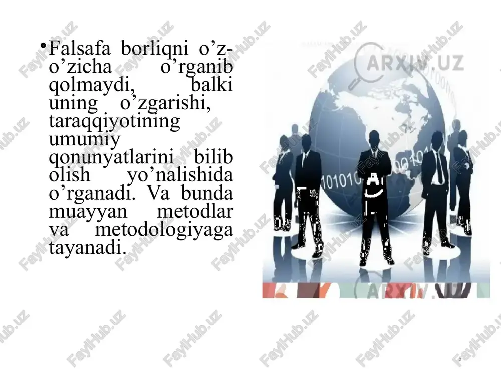 sosda ro’y beradigan tub o’zgarishlardir. mazkur uch xususiyat mavjud bo’lgandagina o’zgarish taraqqiyot darajasiga ko’tariladi. progress - murakkab tizimlarning yuqori va mukammal bosqichga o’tishini ta’minlaydigan rivojlanish turidir. regress - narsa, voqea, jarayonning inqirozi, orqaga kaytishidir. * qonun qonun - muayyan shart-sharoitda voqealar rivojining xususiyati va yo’nalishlarini belgilay- digan, ma’lum bir qat’iy natijani taqozo etadigan, obyektiv dunyodagi narsa va hodisalarning muhim, zaruriy, umumiy, ichki, barqaror munosabatlaridir. qonunlar olamdagi aloqadorliklarni aks ettirish xususiyatlariga ko`ra 3 turga bo`linadi tabiat qonunlari jamiyat qonunlari tafakkur qonunlari qonunlar amal qilish darajasiga ko`ra 3 turkumga bo`linadi eng umumiy qonunlar (falsafa qonunlari); umumiy qonunlar (jamiyat qonunlari); xususiy qonunlar (kulon qonuni). xususiy qonunlar narsa, hodisalarning o’rtasidagi nisbatan tor doiradagi aloqadorlikni funksional tarzda ifodalaydi. u muayyan bir ob’ektning o‘ziga xos xususiyatlari o‘rtasidagi, yoki materiya harakatining biron-bir shakli doirasida mavjud bo‘lgan ichki aloqadorliklar ifodasidir. masalan, arximed qonuniqa suyuqlik va bosim orasidagi zaruriy bog’lanish ifodalanadi. umumiy qonunlar narsa hodisa, tizimiga xos umumiy xossalari …