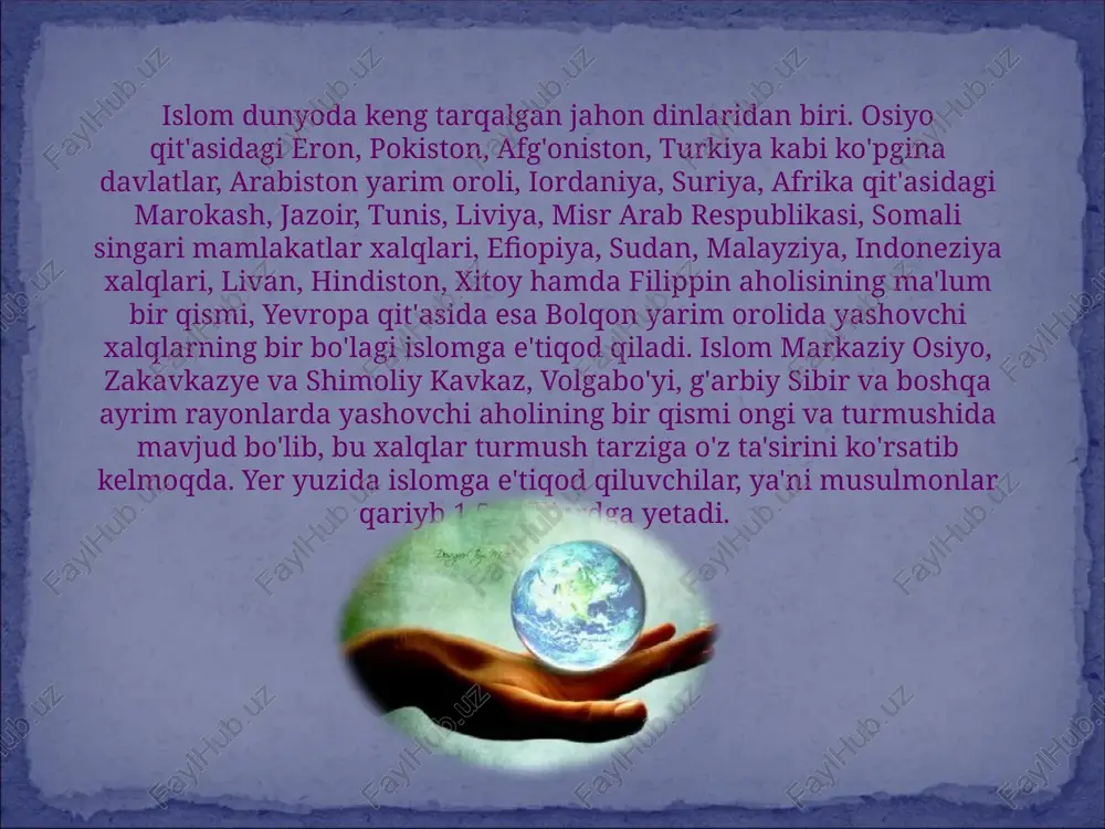 u quruq aqidalar yig`indisi emas. ana shu ma`rifatni kishilarimiz jon-jon deb qabul qiladilar va yaxshi o`gitlarga amal qiladilar. mehr-oqibatli, nomusli, oriyatli bo`lishga, izzat-ehtirom tushunchalariga rioya etishga harakat qiladilar» deb yozadi. raxmat! foydalanilgan adabiyotlar 1. karimov i.a. olloh qalbimizda, yuragimizda. t., 1999. 2. islam na territorii bo'vshey rossiyskoy imperii. ensiklopedicheskiy slovar. vo'pusk 1.-m., 1998, ss. 3. www.google.uz image4.jpeg image5.jpeg image6.gif image7.jpeg image8.jpeg image9.jpeg image10.jpeg image11.jpeg image12.jpeg image13.jpeg image14.jpeg image15.jpeg image16.jpeg image17.jpeg image18.png image19.jpeg image20.jpeg image21.jpeg image22.png image23.png image24.png image3.jpeg /docprops/thumbnail.jpeg