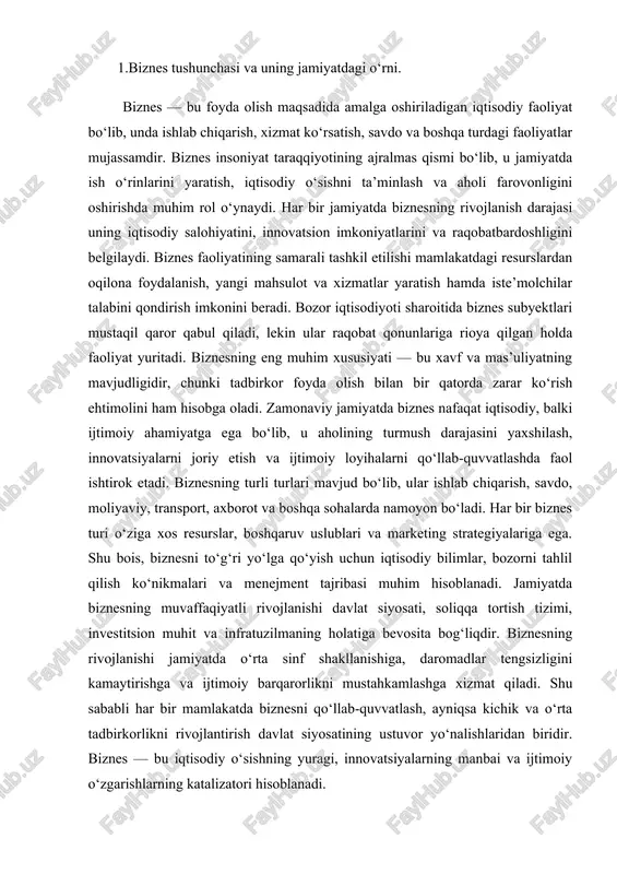 sh, raqobatni rivojlantirish va iqtisodiy muvozanatni saqlash yotadi. biznes turli shakllarda bo‘lishi mumkin: yakka tartibdagi tadbirkorlik, sheriklik, korporatsiyalar, aksiyadorlik jamiyatlari, kooperativlar va davlat korxonalari shular jumlasidandir. yakka tartibdagi biznesda bir shaxs o‘z kapitali hisobidan faoliyat yuritadi, bu esa soddaligi bilan birga yuqori xavf darajasiga ham ega. sheriklik shaklida esa ikki yoki undan ortiq tadbirkor o‘z mablag‘larini birlashtirib, umumiy maqsadga erishishga intiladi. korporativ biznes yirik miqyosdagi ishlab chiqarish va xizmat ko‘rsatish sohalarini qamrab olib, ulkan iqtisodiy ta’sir kuchiga ega bo‘ladi. biznes shakllarining har biri o‘zining afzalliklari va kamchiliklariga ega bo‘lib, ularning tanlanishi faoliyat turi, kapital hajmi va bozor sharoitlariga bog‘liq. hozirgi zamonda biznesning yangi shakllari — elektron biznes, startaplar, onlayn savdo platformalari, franchayzing va intellektual mulkka asoslangan korxonalar keng rivojlanmoqda. biznesning muvaffaqiyatli faoliyat yuritishi uchun menejment, marketing, moliya, buxgalteriya, huquq va axborot texnologiyalarini chuqur bilish talab etiladi. biznes jarayonida innovatsiyalarni joriy etish raqobatbardoshlikni oshiradi va yangi bozor segmentlarini egallash imkonini yaratadi. …