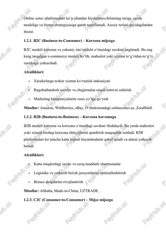 siya · yetkazib berish va logistika monitoringi · xaridorlarni qo‘llab-quvvatlash xizmatini tashkil etish · analitika va marketing kampaniyalarini kuzatish shu tarzda, online sotuv platformalari murakkab tizim sifatida, zamonaviy raqamli savdo ekotizimining ajralmas qismi bo‘lib xizmat qiladi. 2. online sotuv platformalarining afzalliklari va kamchiliklari afzalliklari: · 24/7 ishlash · geografik cheklovlarsiz savdo · xaridorlar bilan tezkor aloqa kamchiliklari: · texnik nosozliklar · raqobatchilar ko‘pligi · mijozlar ishonchini qozonish qiyinligi online sotuv platformalari zamonaviy biznes va iste’molchilarning ehtiyojlarini qondirishda muhim vosita hisoblanadi. ular nafaqat mahsulot yoki xizmatni tezkor va qulay yetkazib berish imkonini beradi, balki korxonalarga raqobatbardosh bo‘lish, bozorni kengaytirish va xaridorlar bilan uzoq muddatli aloqalarni o‘rnatish imkoniyatini ham yaratadi. shu bilan birga, ular o‘ziga xos murakkabliklar va muammolarni ham keltirib chiqaradi. quyida online sotuv platformalarining afzalliklari va kamchiliklarini batafsil tahlil qilamiz. 2.1. afzalliklari 1. geografik cheklovlarning yo‘qligi: online platformalar orqali mahsulotlarni nafaqat o‘z hududingizda, balki butun mamlakat bo‘ylab yoki xalqaro miqyosda …