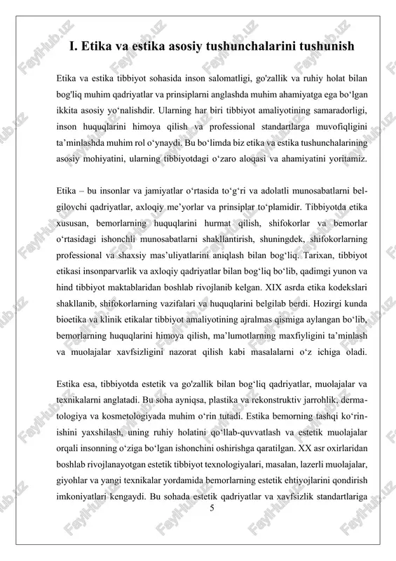 qabul qilish jarayonida muhim ahamiyatga ega. tibbiyotda etika kodekslari va qoidalarining mavjudligi shifokorlarga axloqiy me’yorlarga muvofiq harakat qilishda yordam beradi va ular bemorlarning insoniy huquqlarini ta’minlashga xizmat qiladi. bu qadriyatlar, shuningdek, shifokorlarning professional mas’uliyatini oshiradi va ishonch muhitini yaratadi. ikkinchidan, estetik qadriyatlar tibbiyotda bemorning tashqi ko‘rinishini yaxshilash va ruhiy holatini qo‘llab-quvvatlashda muhim rol o‘ynaydi. plastika, rekonstruktiv jarrohlik, dermatologiya va kosmetologiya sohalarida estetik prinsiplarning qo‘llanilishi bemorlarning o‘ziga bo‘lgan ishonchini oshiradi va ularning ijtimoiy hayotdagi faoliyatini yaxshilashga yordam beradi. estetik muolajalar, ayniqsa, insonlarning ruhiy holatini ijobiy tomonga o‘zgartirish imkonini beradi, bu esa tibbiyotda insonparvarlik va insonning estetik qadriyatlariga bo‘lgan e’tiborining muhimligini ko‘rsatadi. ushbu ikki soha, ya’ni etika va estetikani amaliyotga qo‘llashda, ularning o‘zaro muvofiqligi muhim ahamiyat kasb etadi. masalan, estetik muolajalar bilan bog‘liq qarorlar qabul qilishda bemorning roziligi va xavfsizligini ta’minlash, shuningdek, shaxsiy ma’lumotlarning maxfiyligini saqlash muhimdir. texnologik rivojlanishlar, masalan, genetika va robototexnika sohasidagi yangiliklar, yangi etik va estetik muammolarni yuzaga chiqarmoqda. …